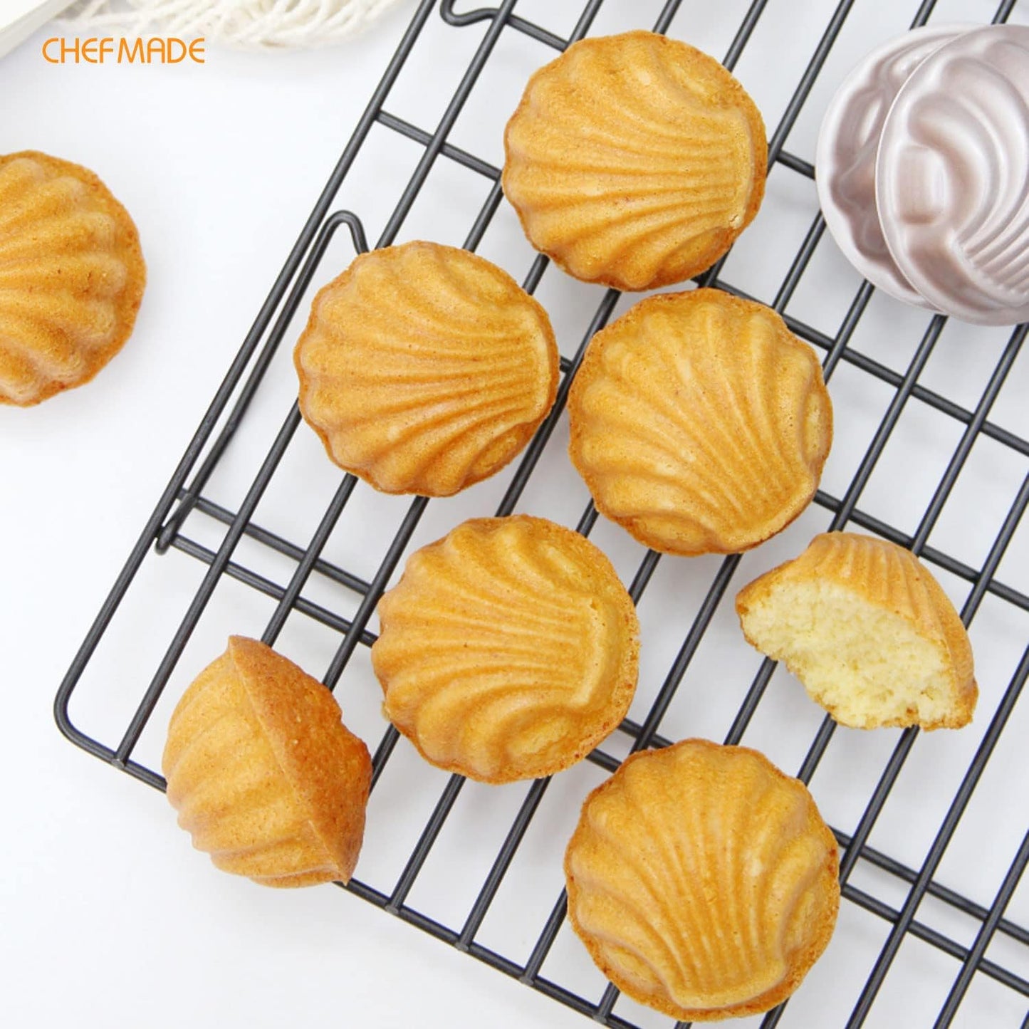 CHEFMADE Mini Madeleine Cake Pan Set, 3-Inch 4Pcs Non-Stick Spherical Shell Madeline Bakeware for Oven and Instant Pot Baking (Champagne Gold)