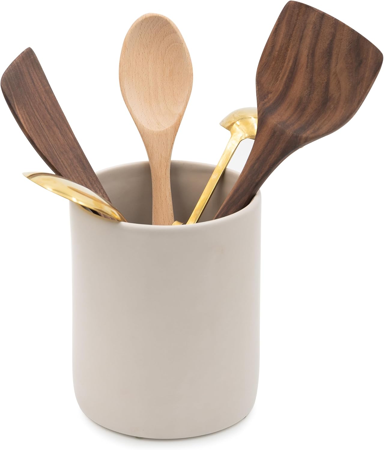 Ceramic Large Kitchen Utensil Holder for Countertop, 7"x5.9", Stable & Sturdy, Cooking Utensils Holder, Smooth & Matte Cream Color,Silicone Pads, Utensil Organizer for Kitchen Counter Decor