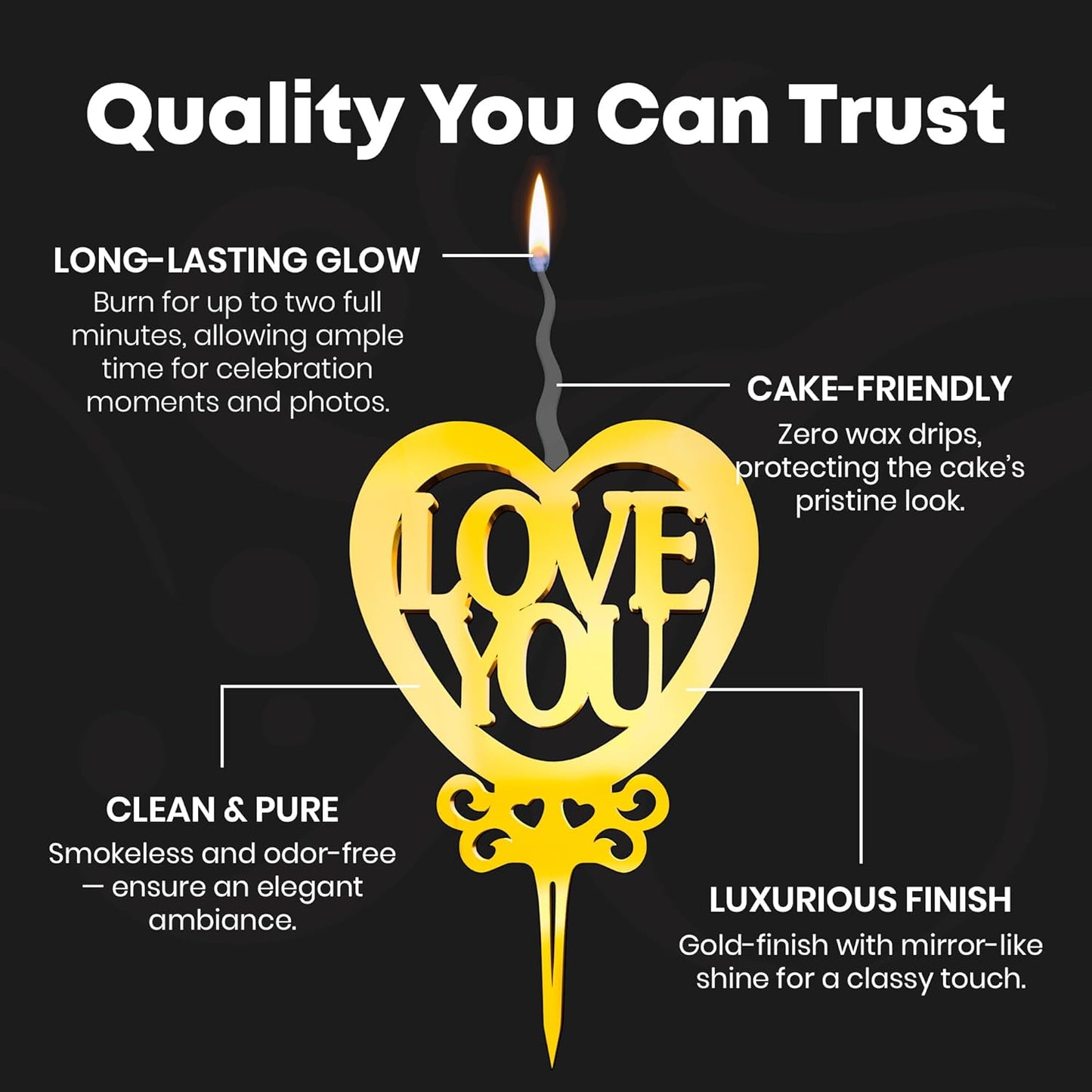 Love You Reusable Gold Romantic Cake Candle - Luxury Cake Topper Candle for Birthdays, Weddings & Anniversaries - Reusable Food Safe Acrylic, Shiny Mirror Finish - Happy Birthday Cake Topper Decor