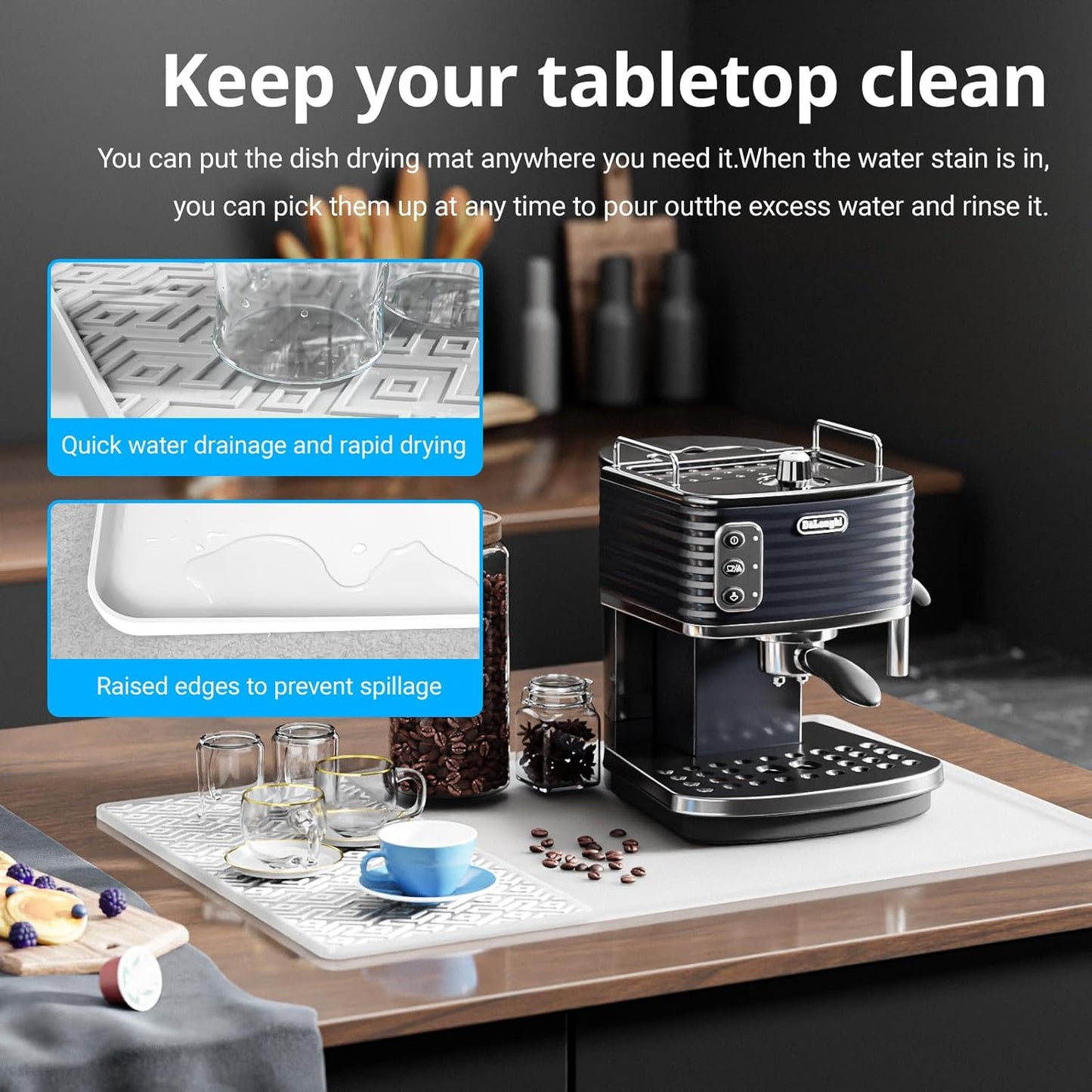 Silicone Coffee mat 24''x16'' – Non-Slip Bar Mat with Detachable Drying Layer for Espresso Machines, Countertops & Dish Racks