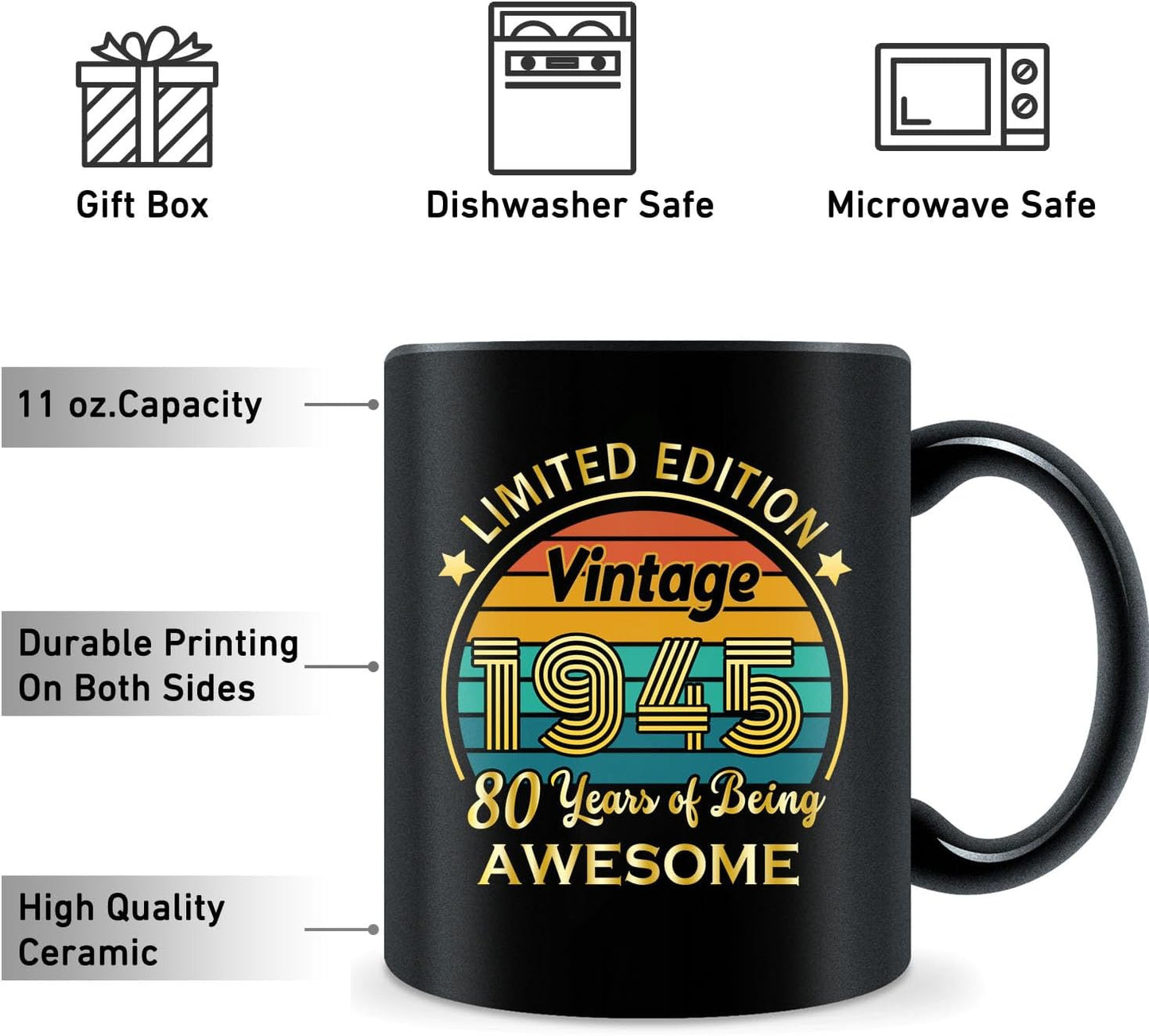 QUPT 80th Birthday Gifts for Women Men, 80th Birthday Gifts for Him, 1945 Birthday Gifts for Women Men, 80 Years Old Gifts, 1945 Birthday Gifts for Her Him, 80th Birthday Presents Coffee Mug