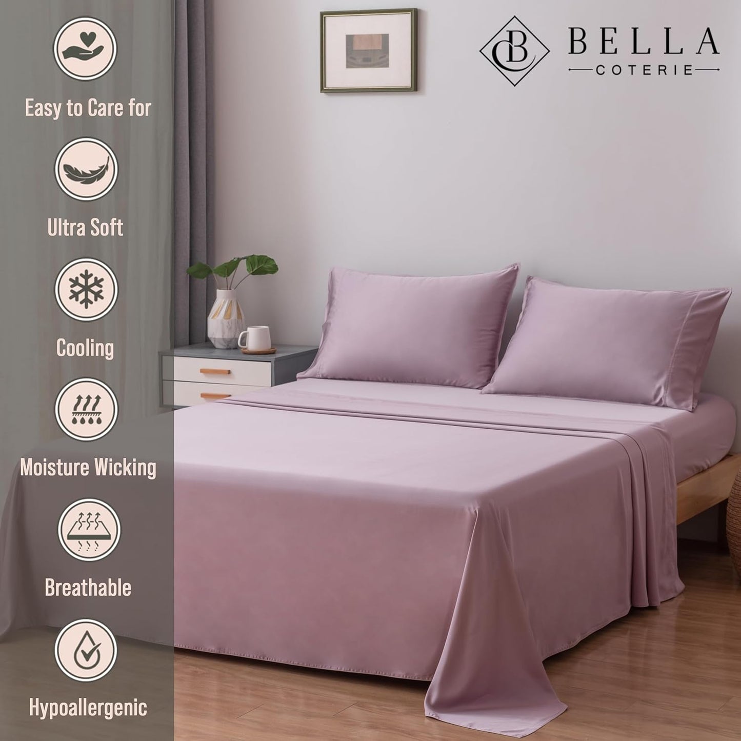 Bella Coterie Luxury Bamboo Viscose King Size Sheet Set | 100% Organically Grown | Ultra Soft | Cooling for Hot Sleepers | 18" Deep Pocket [Lilac]