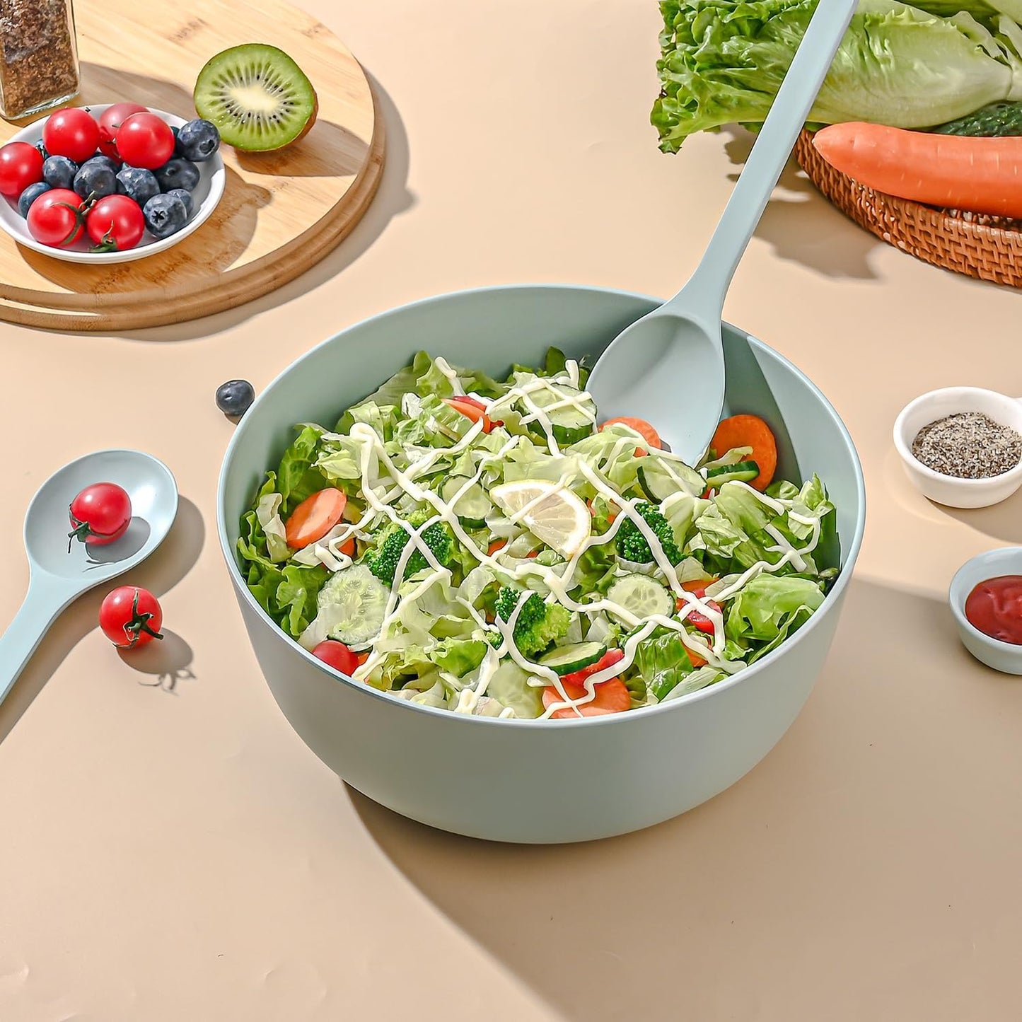 Bamboo Fiber Salad Bowl with Servers Set Large 9.8inches Nature Bamboo Mixing Bowl with Servers with Lid Spoon and Fork for Fruits,Salads and Vegetables