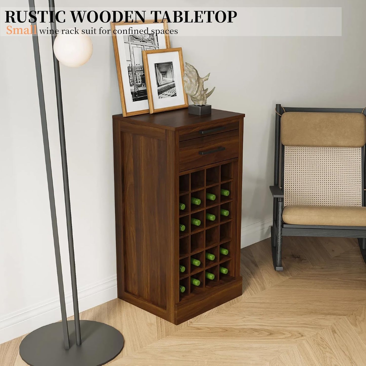 WERSMT 6-Tier Wine Rack Freestanding Floor with 2 Drawers, 24 Bottles Wood Wine Rack Counter for Small Space, Farmhouse Stackable Modular Wine Bottle Holder Rack, Walnut