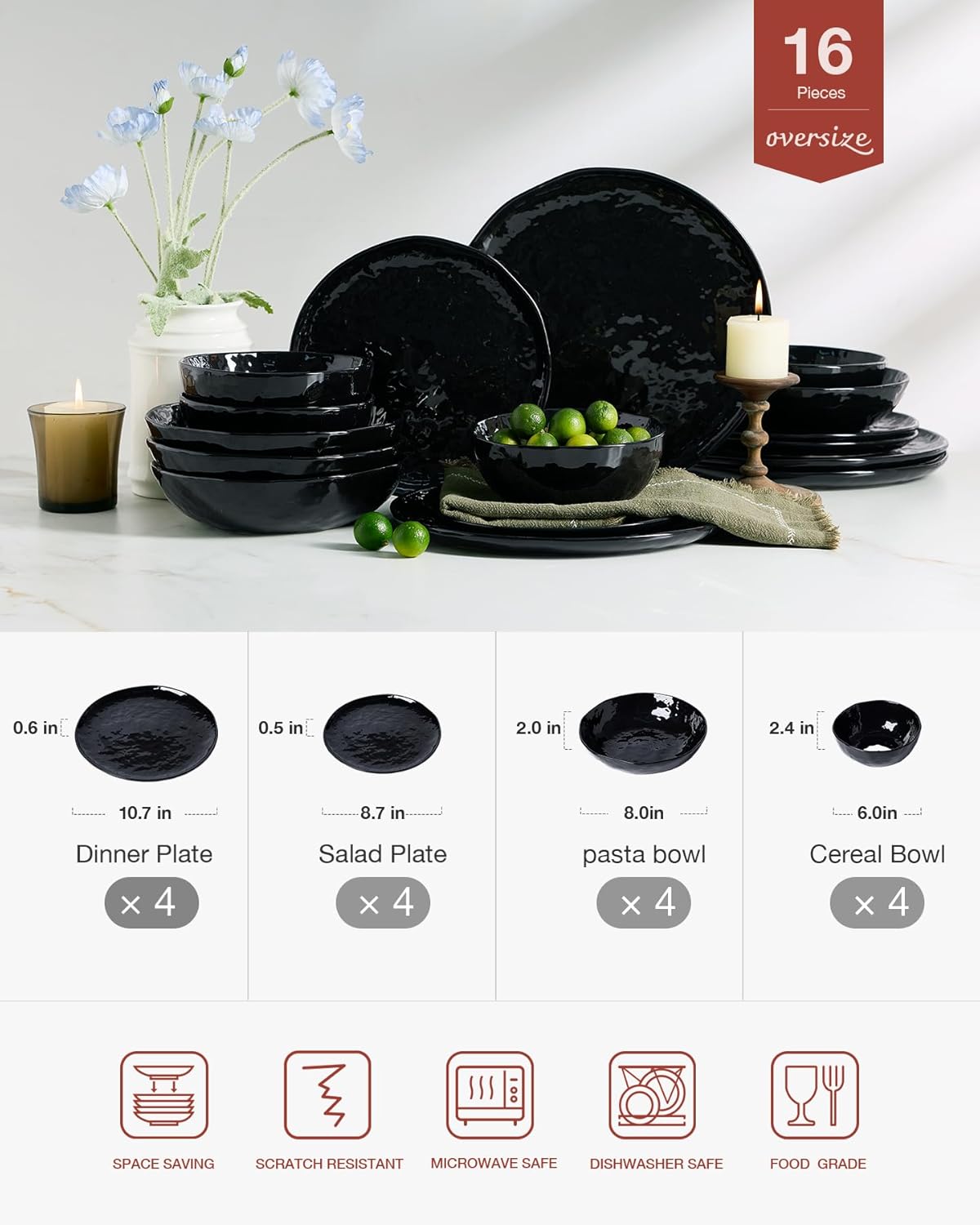 Famiware Porcelain kitchen plates and bowls set, Modern dishes set for 4, Handmade Wave Edge Dinnerware Sets, Microwave and Dishwasher Safe Tableware, Glossy-black (16pc)