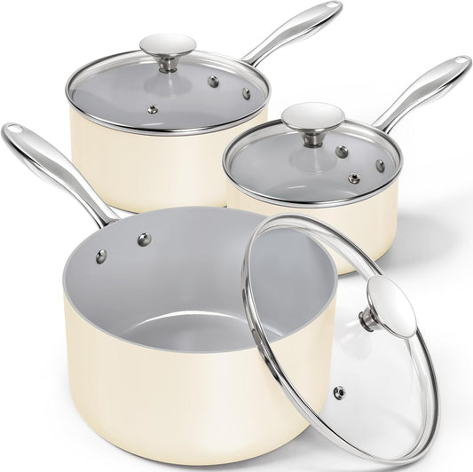 MICHELANGELO Sauce Pan with Lid, Non Stick Saucepan Set of 3-1Qt & 2Qt & 3Qt Small Pots for Cooking, Ceramic Saucepan - Non-Toxic, Scratch-Resistant, Oven Safe, Beige