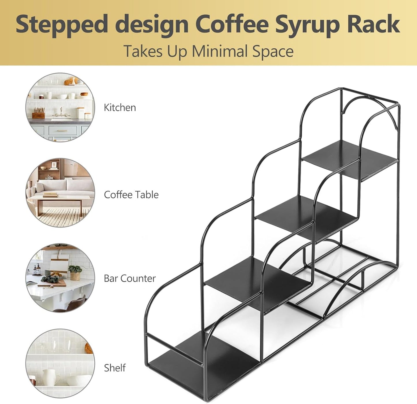 Syrup Rack for Coffee Bar Accessories, Iron 4 Compartment Bottle Organizer, Countertop Display Storage Shelf Bottle Stand, Metal Coffee Bar Organizer for Wine, Kitchen, Holds 4 Bottles
