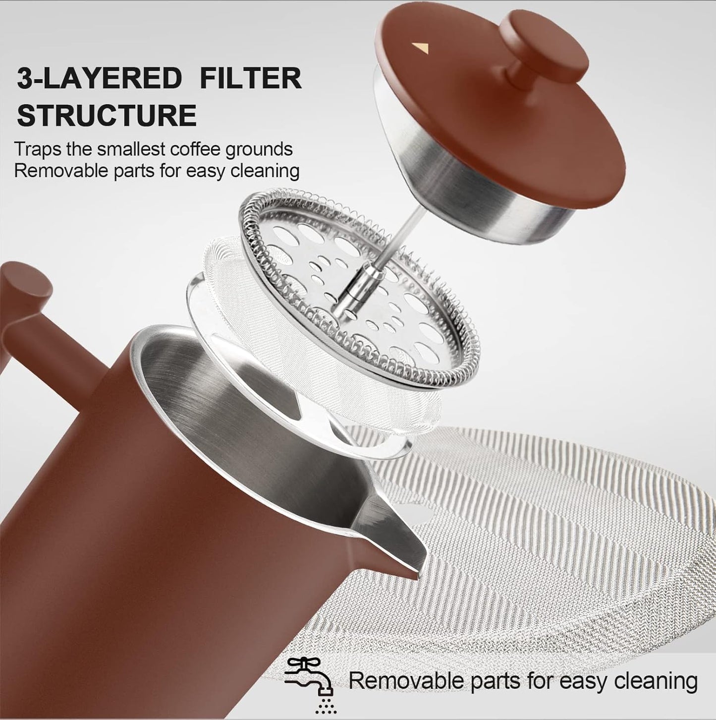 Secura French Press Coffee Maker, 304 Grade Stainless Steel Insulated Coffee Press with 2 Extra Screens, 34oz (1 Litre), Coffee