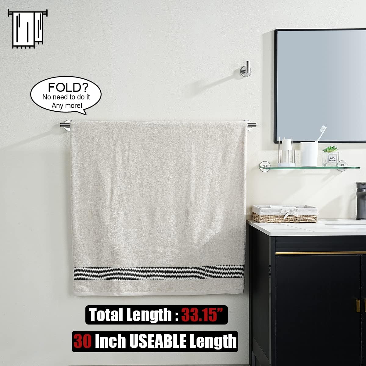 JQK Bath Towel Bar, 33 Inch 304 Stainless Steel Thicken 0.8mm Single Towel Rack for Bathroom, Towel Holder Brushed Finished Wall Mount, Useable Length 30 Inch, TB110L30-BN