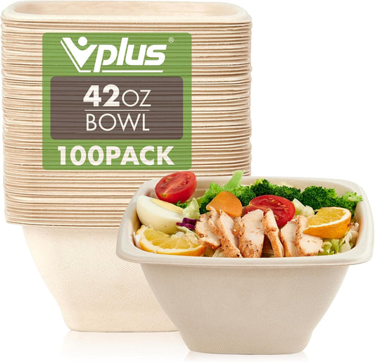 Vplus 100 Pack 42 OZ Paper Bowls Bulk, Square Disposable and Compostable, Eco-friendly Bagasse, Heavy-duty Bowls Perfect for Milk Cereals, Snacks, Salads