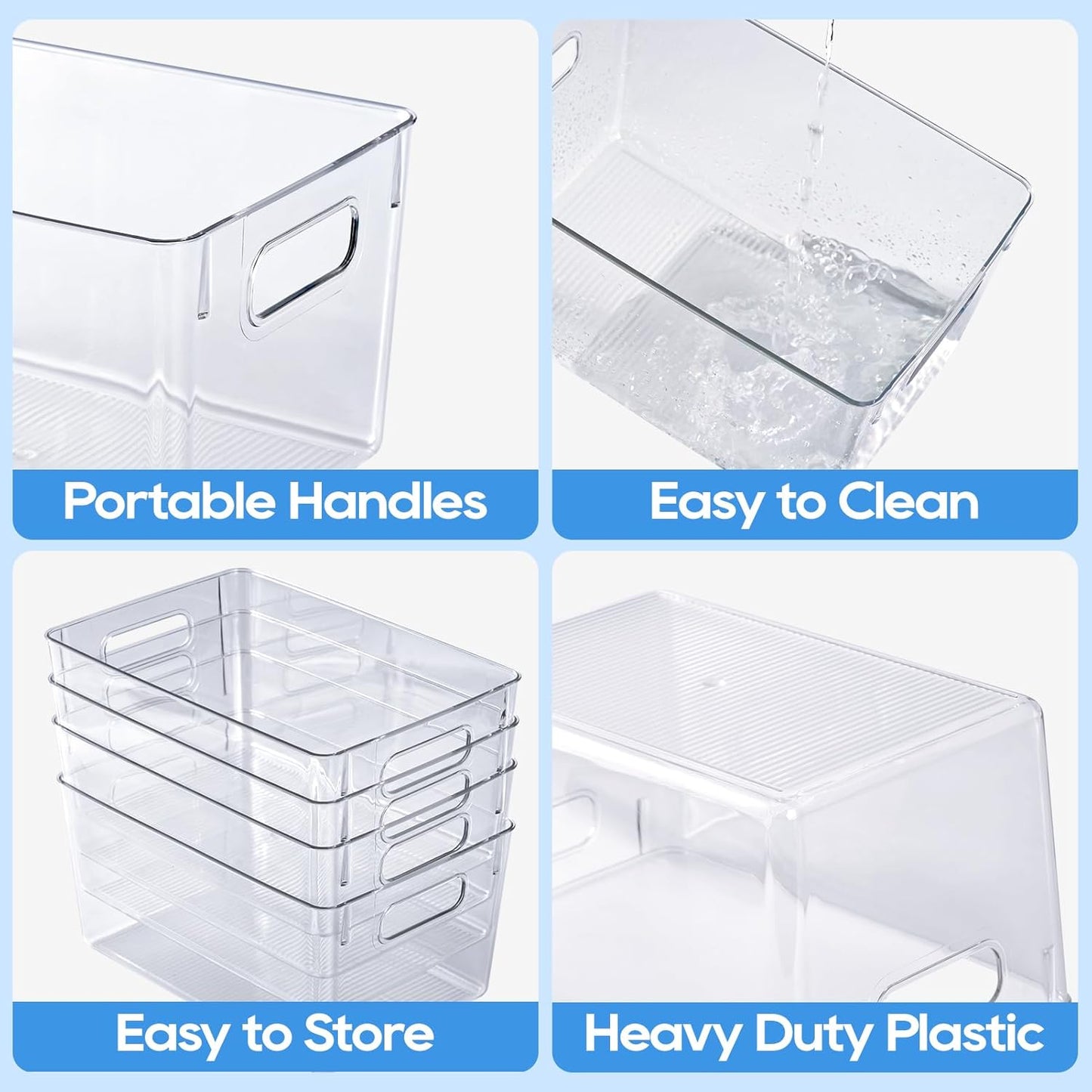 JollyPack 4 Pack Clear Plastic Storage Bins, Pantry Organizers and Storage with Handles, Clear Storage Containers for Fridge, Kitchen, Cabinet, Bathroom and Office