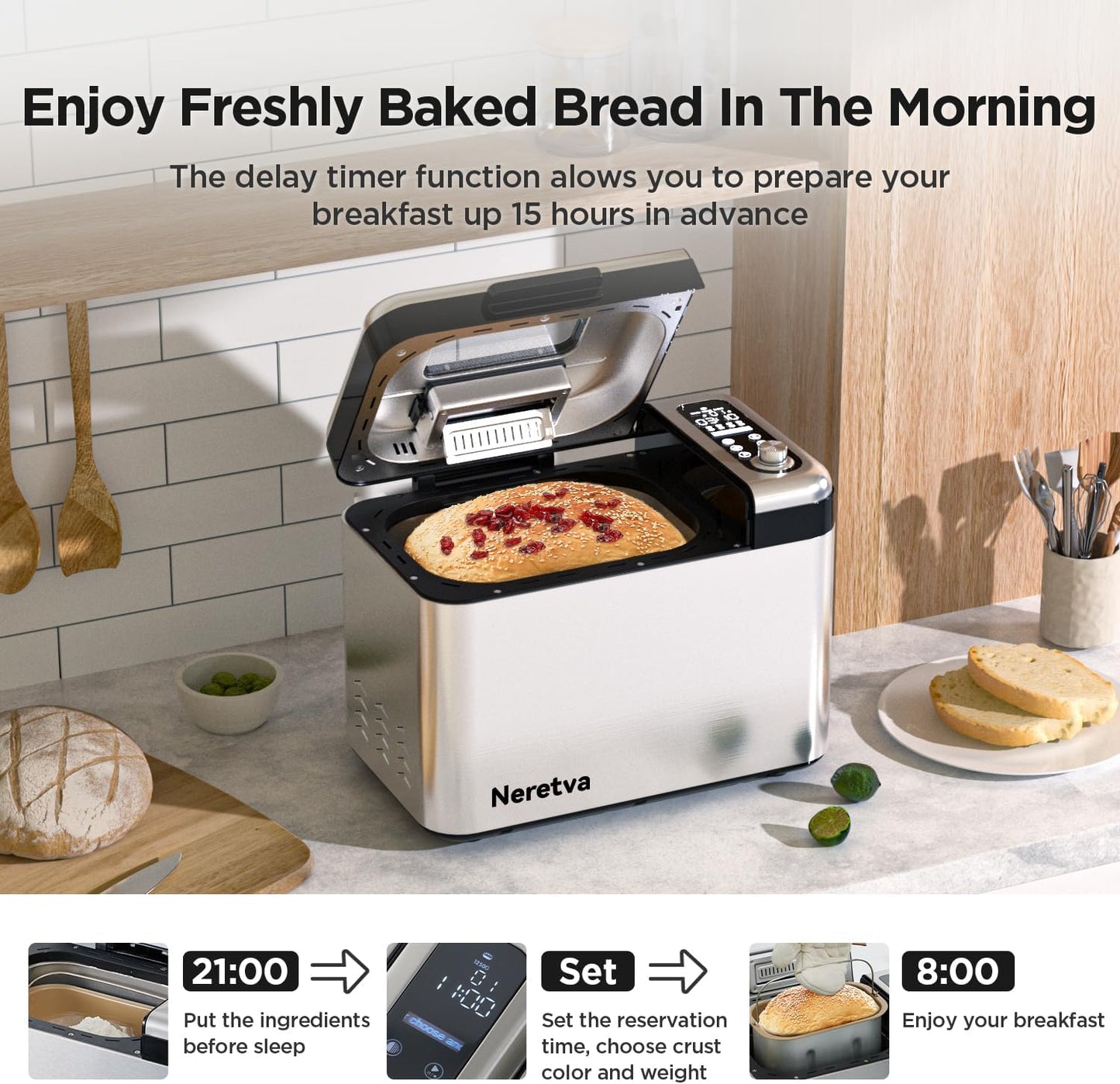 Neretva Bread Maker, 3.3LB Larger Bread Machine 15-in-1 Stainless Steel & Nonstick Ceramic Pan & Auto Nut Dispenser Breadmaker Machines Full Touch Panel with Gluten Free White Wheat Rye French Pizza