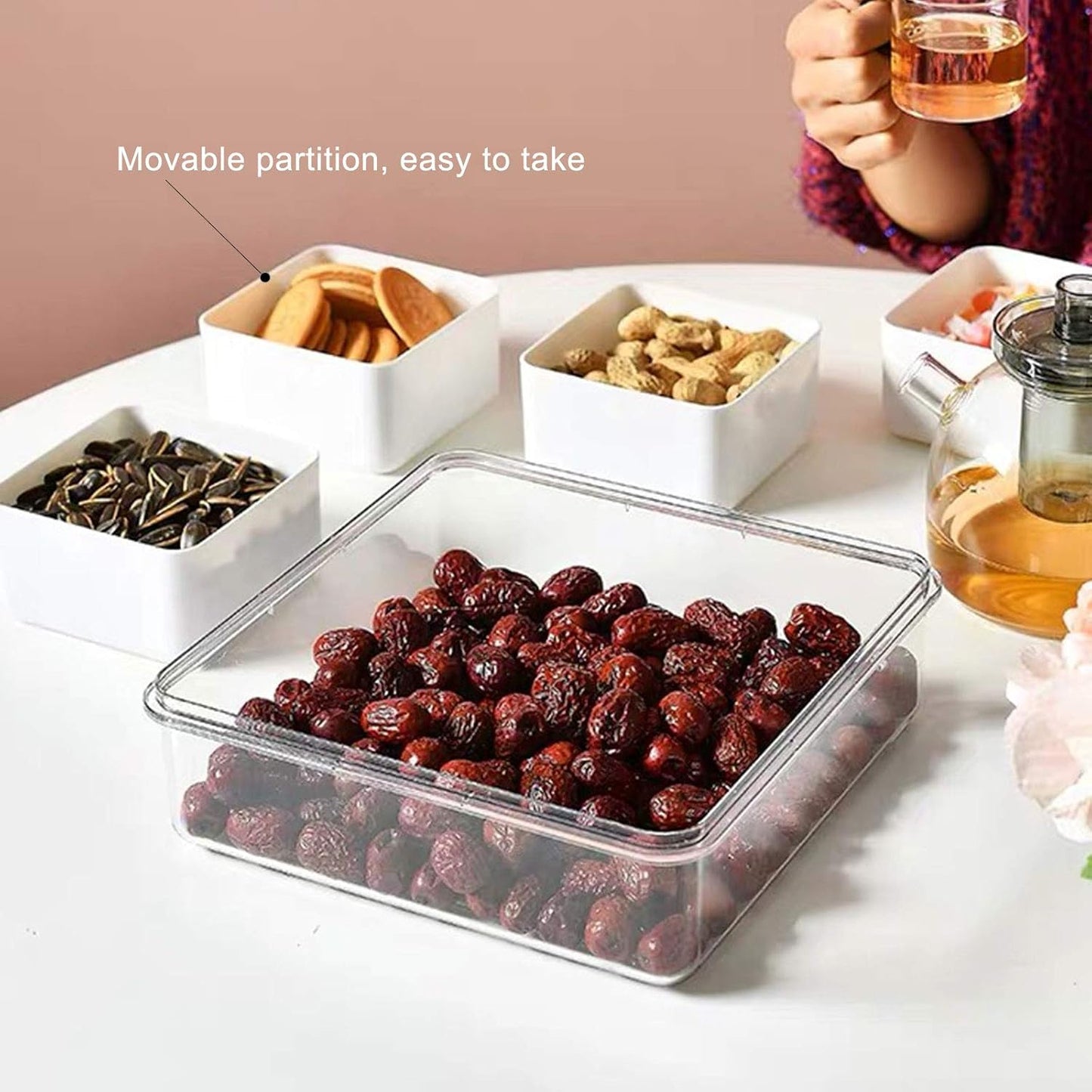 Divided Serving Tray with Lid, Removable Divided Platter Snack Box, Food Storage Charcuterie Containers with 4 Compartments for Christmas Party, Veggies, Snack, Fruit, Nuts, Candy, Cracker, Chip