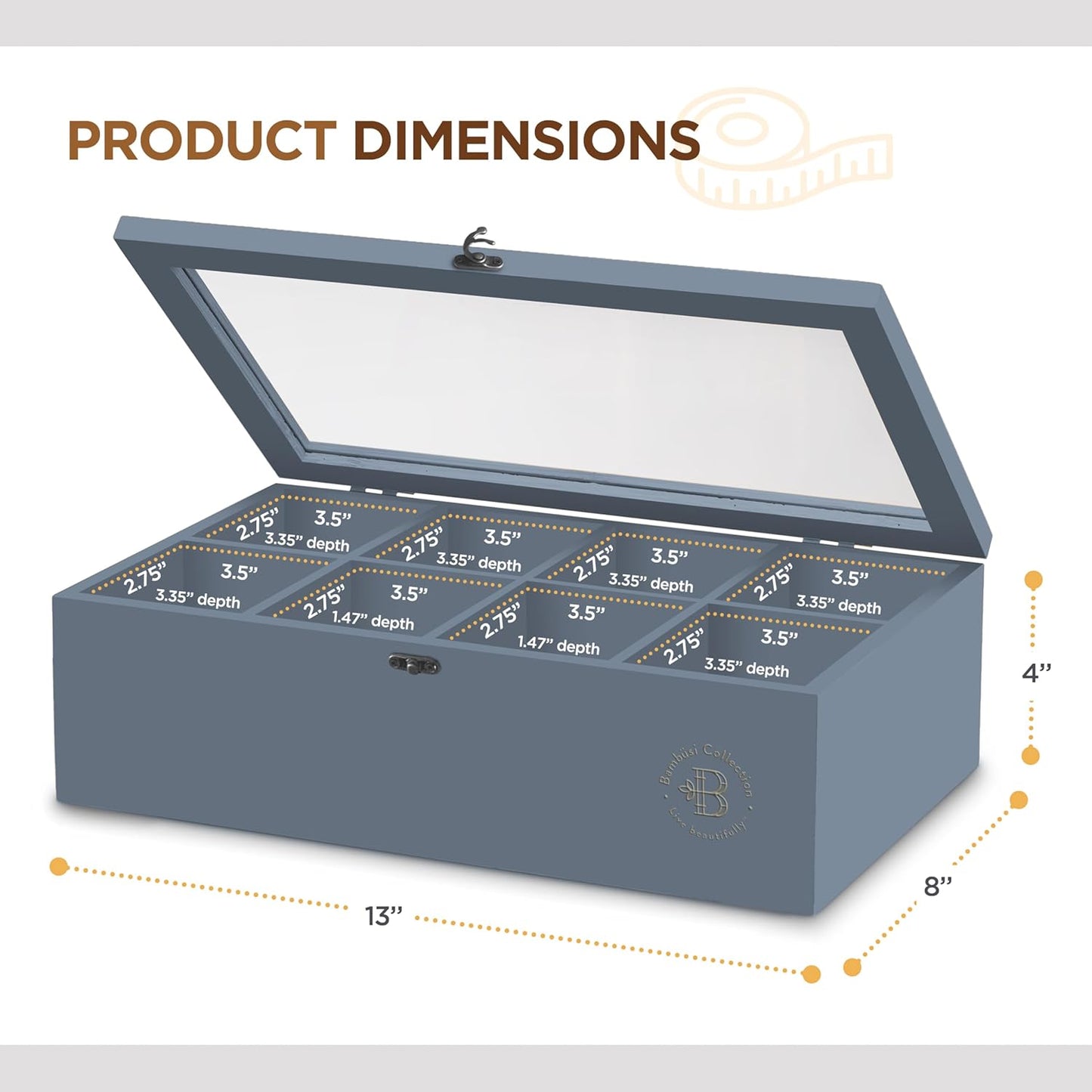 Bambsi Tea Bag Organizer - Bamboo Tea Box Organizer Storage Box, Tea Bag Holder with Acrylic Window, Magnetic Lid Keeps Tea Bags Fresh - Tea Organizer Caddy (Tea Not Included) Christmas Gift - Grey