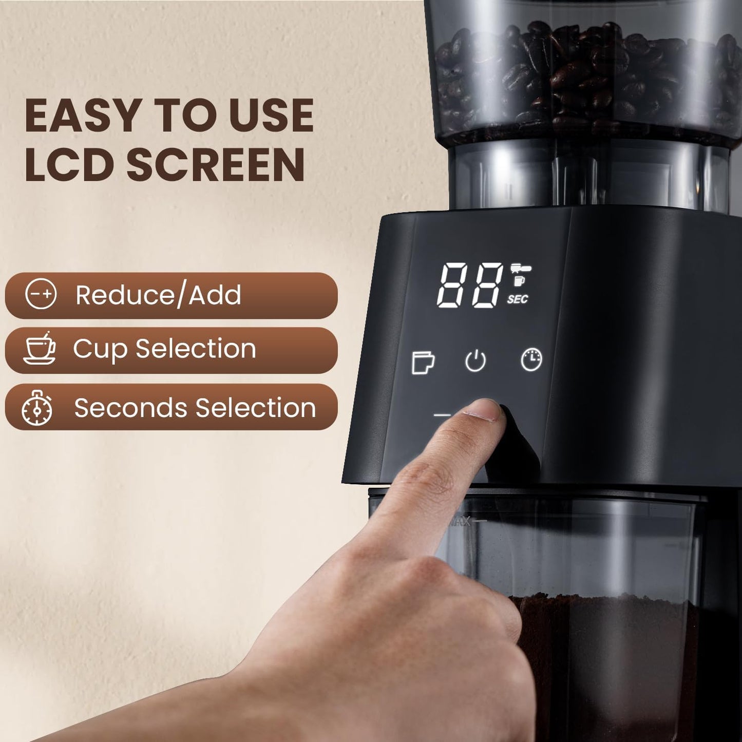 Conical Burr Coffee Grinder with Touch Panel, Adjustable Coffee Bean Grinder with 30 Grinding Settings,2-12 Cups for Espresso,French Press & Drip Coffee