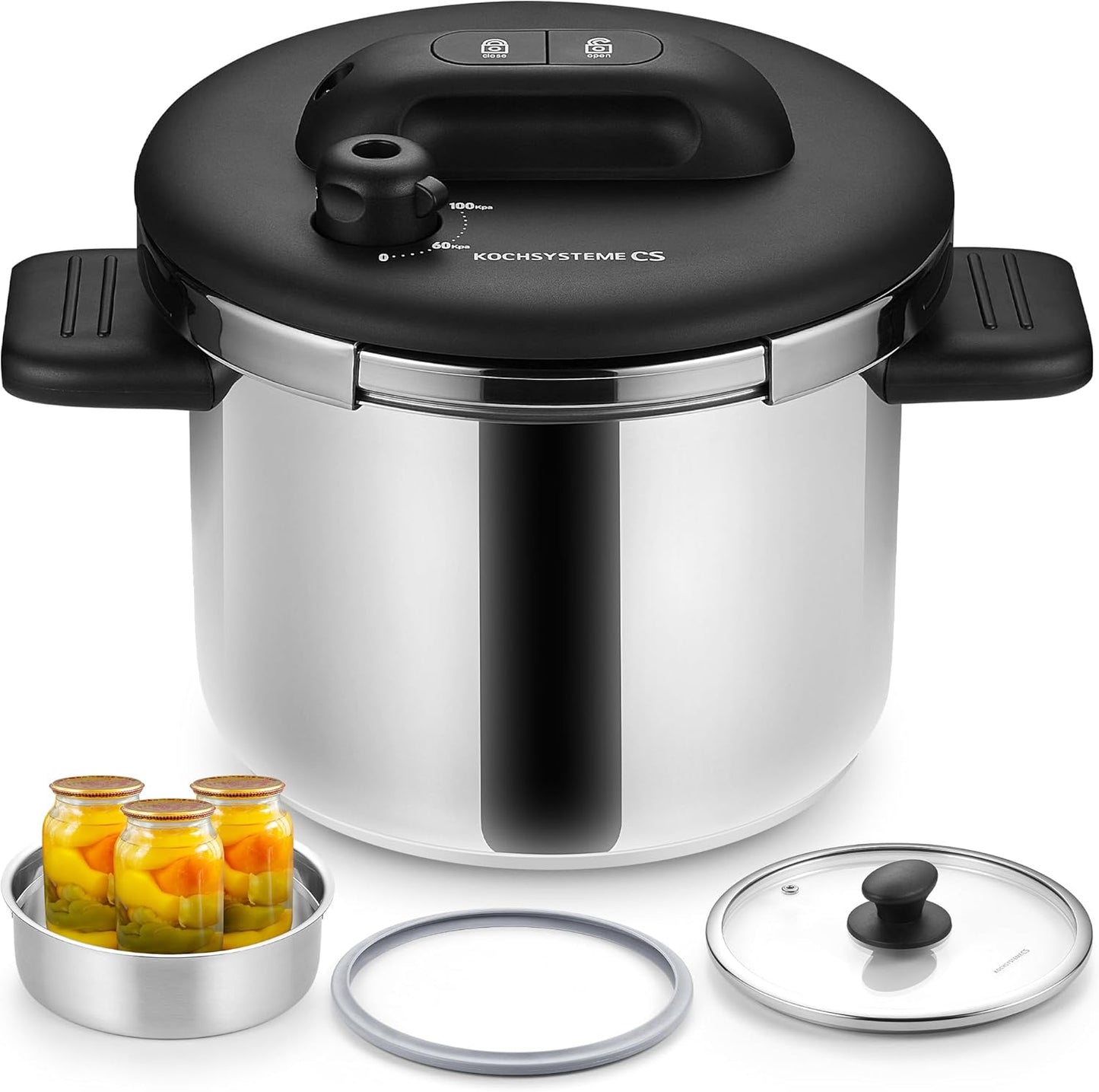KOCH SYSTEME CS Pressure Cooker Stainless Steel, 6.3 QT Olla de Presion, Easy One-Press Lock, 3 PSI Settings Pressure Cooker, Save 70% Time, Gas & Induction Compatible, Glass Lid & Steamer Rack