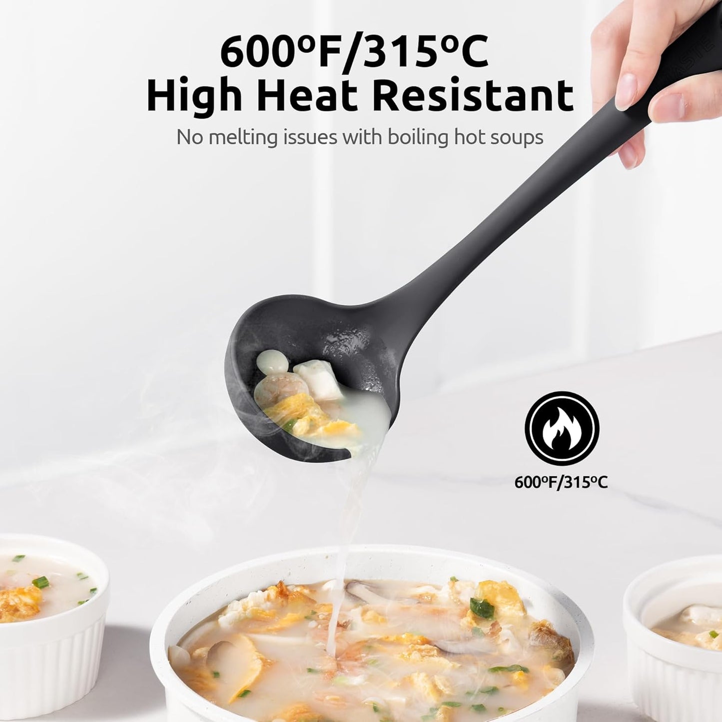2.6oz Small Silicone Soup Ladle: U-Taste 600ºF Heat Resistant Non-Stick Kitchen Deep Serving Spoon, Soft Cooking Utensil with Non-Slip Solid Handle for Mixing Sauce Stew Gravy (11in, Black)