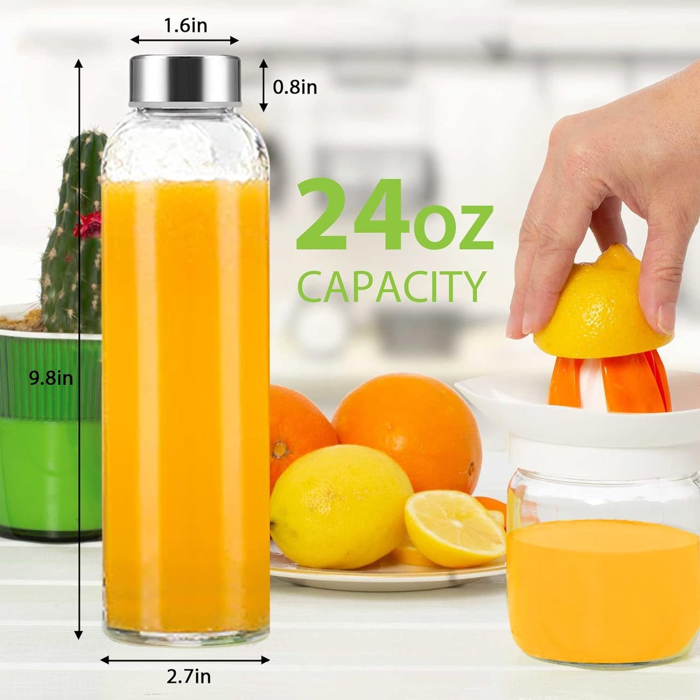24 oz Clear Glass Juice Bottles with Lids, Reusable Refillable Water Bottles for Juicing,Refrigerator,100% Leak Proof, BPA Free, Juice Water Bottle Set of 10