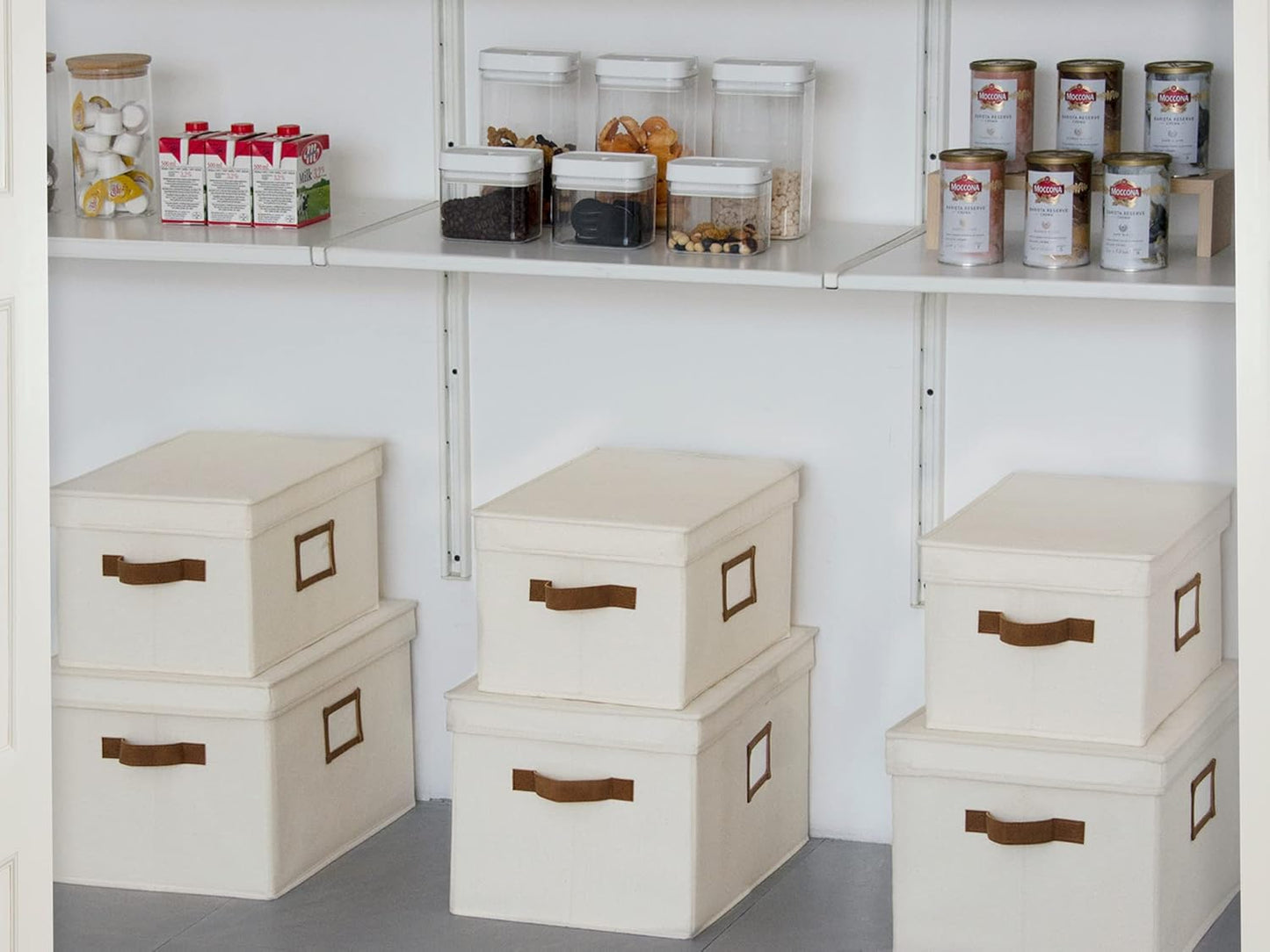 StorageWorks Large Storage Bins with Lids, Decorative Storage Boxes with Lid and PU Handles, Foldable Storage Baskets for Closet, Shelves, Stackable, Ivory White, 3-Pack