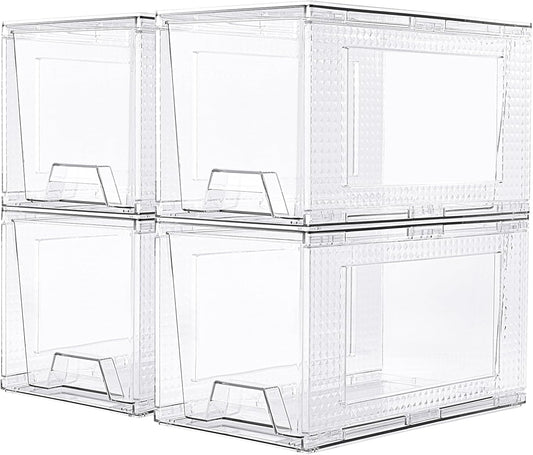 JollyPack 4 Pack Clear Stackable Storage Drawers, Easy to Assemble Multi-Use Bathroom Organizers and Storage, Suitable for Vanity, Bathroom, Makeup, Under Sink, Office, Kitchen and Pantry