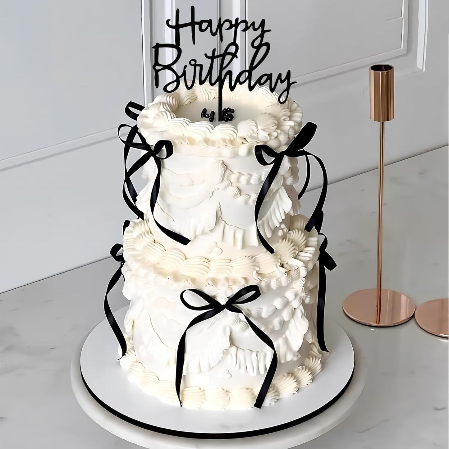 Black Bow Cake Topper Bowknot Ribbons Cupcake Toppers Bow Tie Cake Decorations Black Coquette Bows Cupcake Dessert Picks Happy Birthday Pick for Girl Birthday Princess Wedding Party Supplies 7Pcs