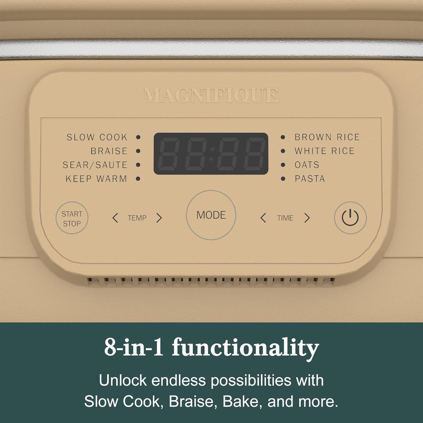 MAGNIFIQUE 4 Quart Claypot Multi-Cooker, with 8-in-1 Casserole Programmable Slow Cooker, Dutch Oven, Pasta, Nonstick Oven Safe Pot to 450°F, Brown