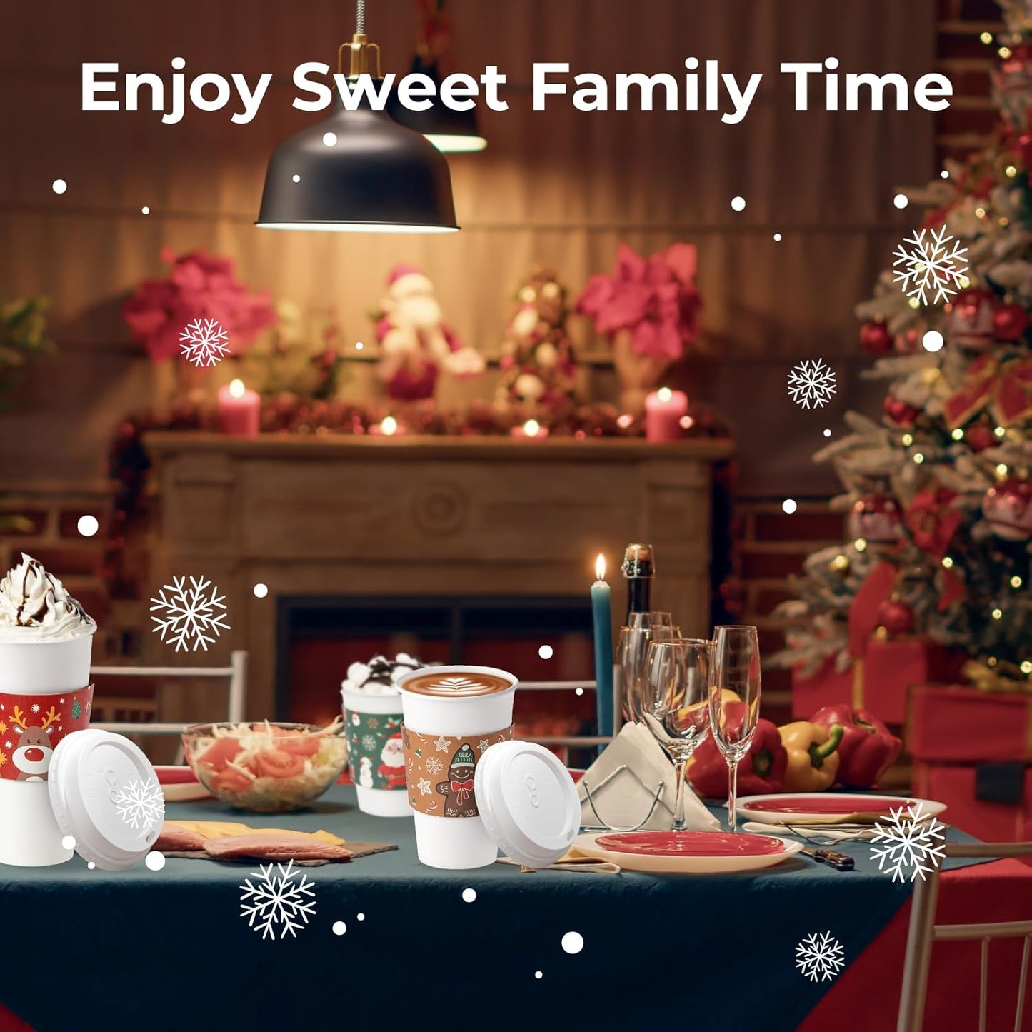 Fit Meal Prep 50 Pack 12 oz Christmas Disposable Coffee Cups with Lids, Sleeves, Leak-Proof To Go Coffee Cups with Lids, Durable Holiday Hot Paper Cups for Home, Office, Party, Business