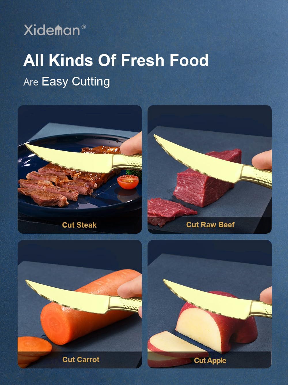 16-Piece Modern Champagne Gold Hammered Silverware Set with Ultra Sharp 2-IN-1 Serrated Knive, Golden 18/10 Stainless Steel Flatware Set, Utensil Cutlery Set for 4 Person, Forks Spoons Knives