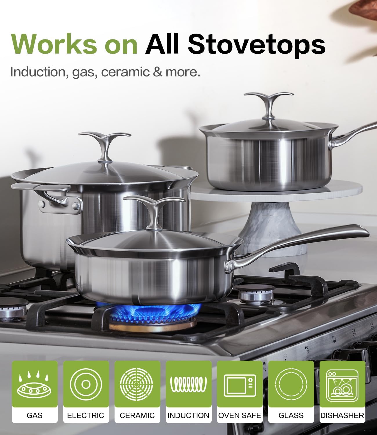 Saute Pan with Lid–12 Inch Deep Frying Pan 5.5qt for Stir-Fry & Searing,5-Ply Stainless Steel Saute Pan Nonstick Non Toxic, PTFE & PFOA Free Non Stick Skillet,Induction, Oven & Dishwasher Safe