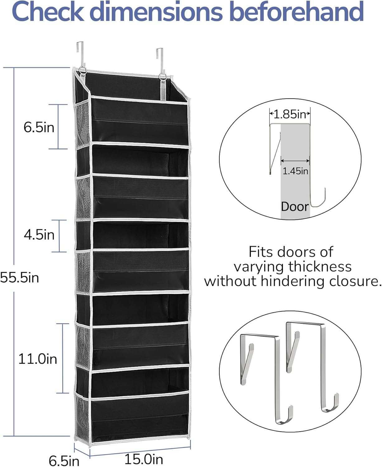ULG 1 Pack Over The Door Organizer – 5 Shelf Door Organizer Hanging & 10 Side Pockets, Reinforced 44LB Capacity Hanging Organizer, Behind The Door Storage for Bedroom, Nursery, Pantry (Black)