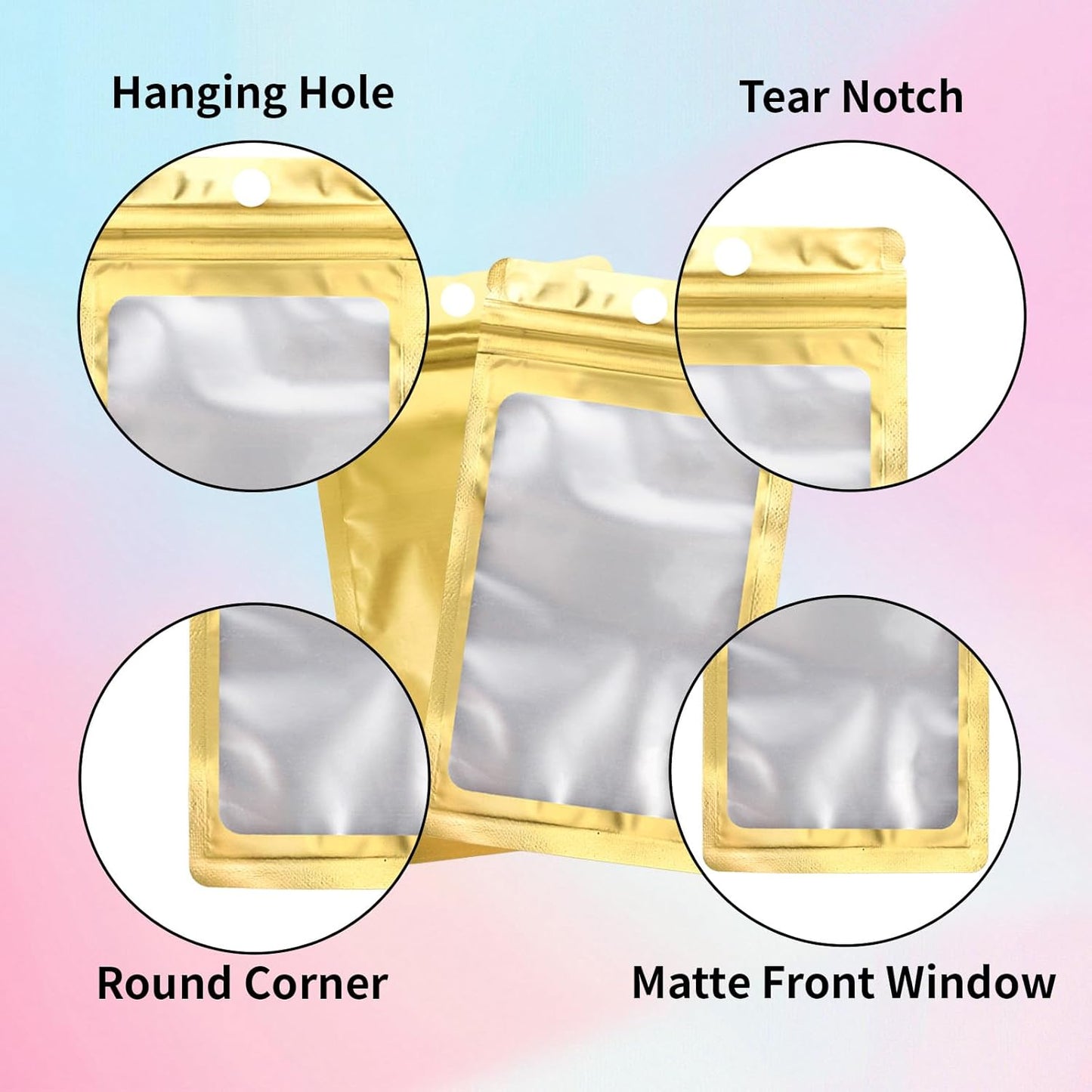 200 Pack Resealable Mylar Holographic Bags Food Storage Smell Proof Bags with Front Window Foil Packaging Pouch for Candy Sample Jewelry Small Business 2.95×4.72 Inch, Gold