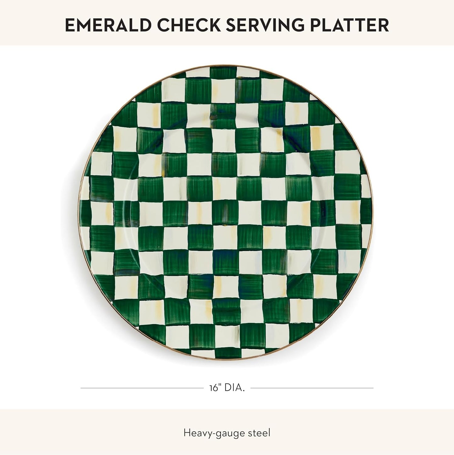 MACKENZIE-CHILDS Enamel Serving Platter, Decorative Serving Platter for Food, 16 Inches, Green-and-White Emerald Check
