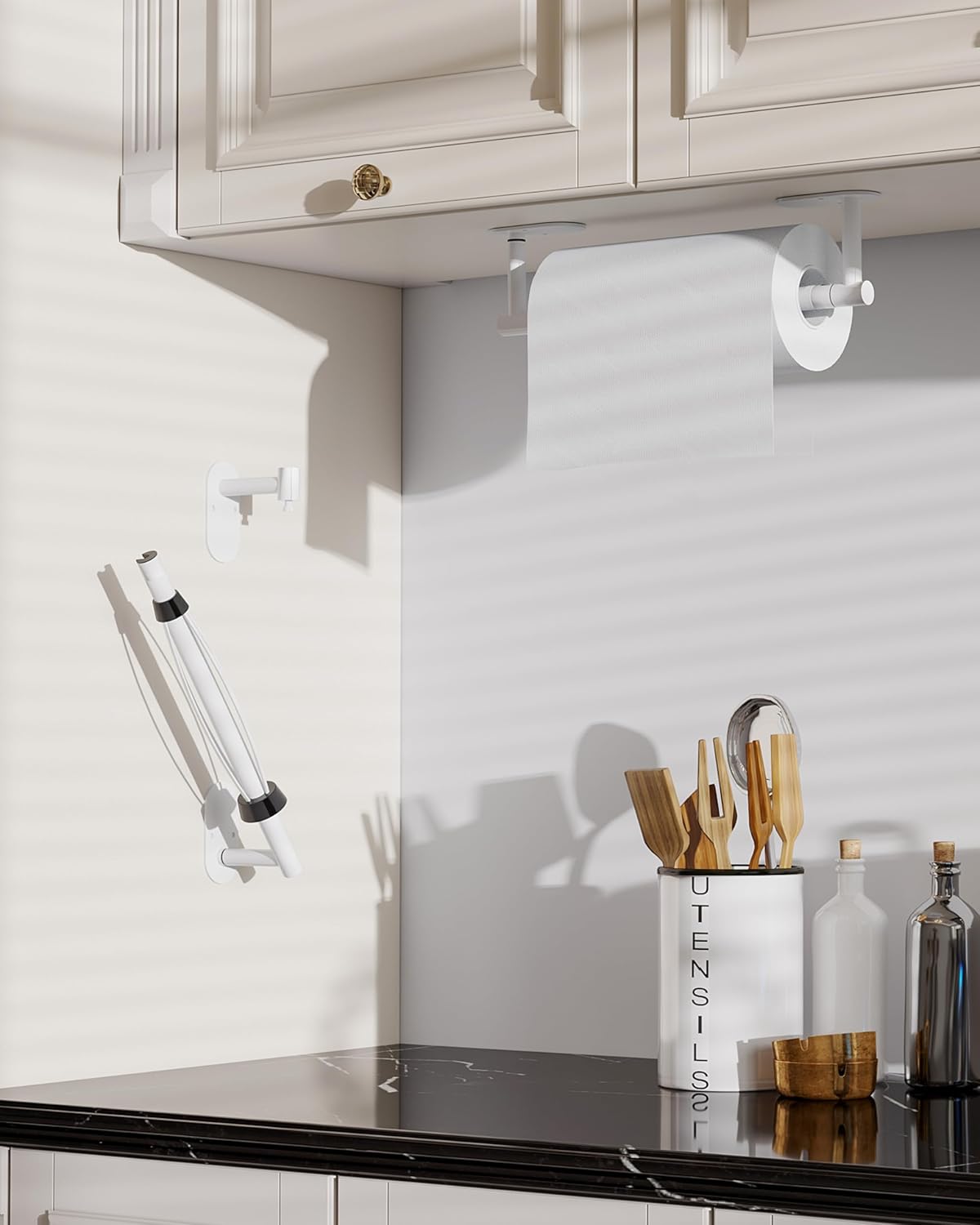 Paper Towel Holder Under Cabinet, Single Hand Operable Roll Holder with Damping Effect,No Drilling or Wall Mounted SUS304 Stainless Steel for Kitchen Bathroom (White)