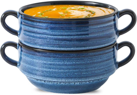 Hasense Ceramic Soup Bowls, 20oz French Onion Soup Bowls with Handle Set of 2, Serving Bowls for Chili, Stew, Salad, Microwave & Dishwasher Safe Soup Crocks, Blue