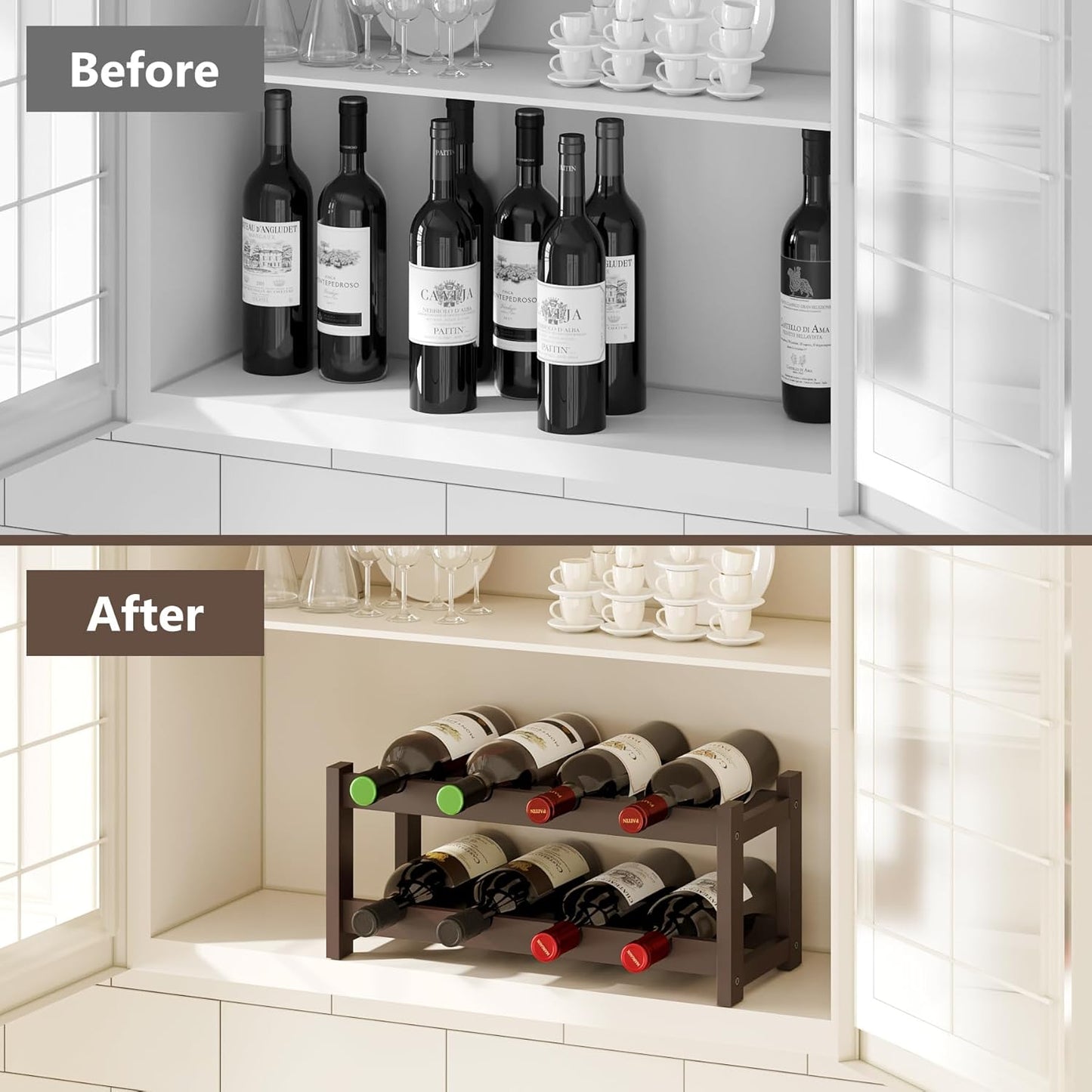 BAMEOS Bamboo Wine Rack, 2 Tier Wine Racks Countertop Storage, Wine Bottle Holder Wine Rack freestanding Floor for Kitchen, Bar, Pantry, Wine Cellar, Basement,Study, (16.85 L x 9.25W x 7H) Espresso