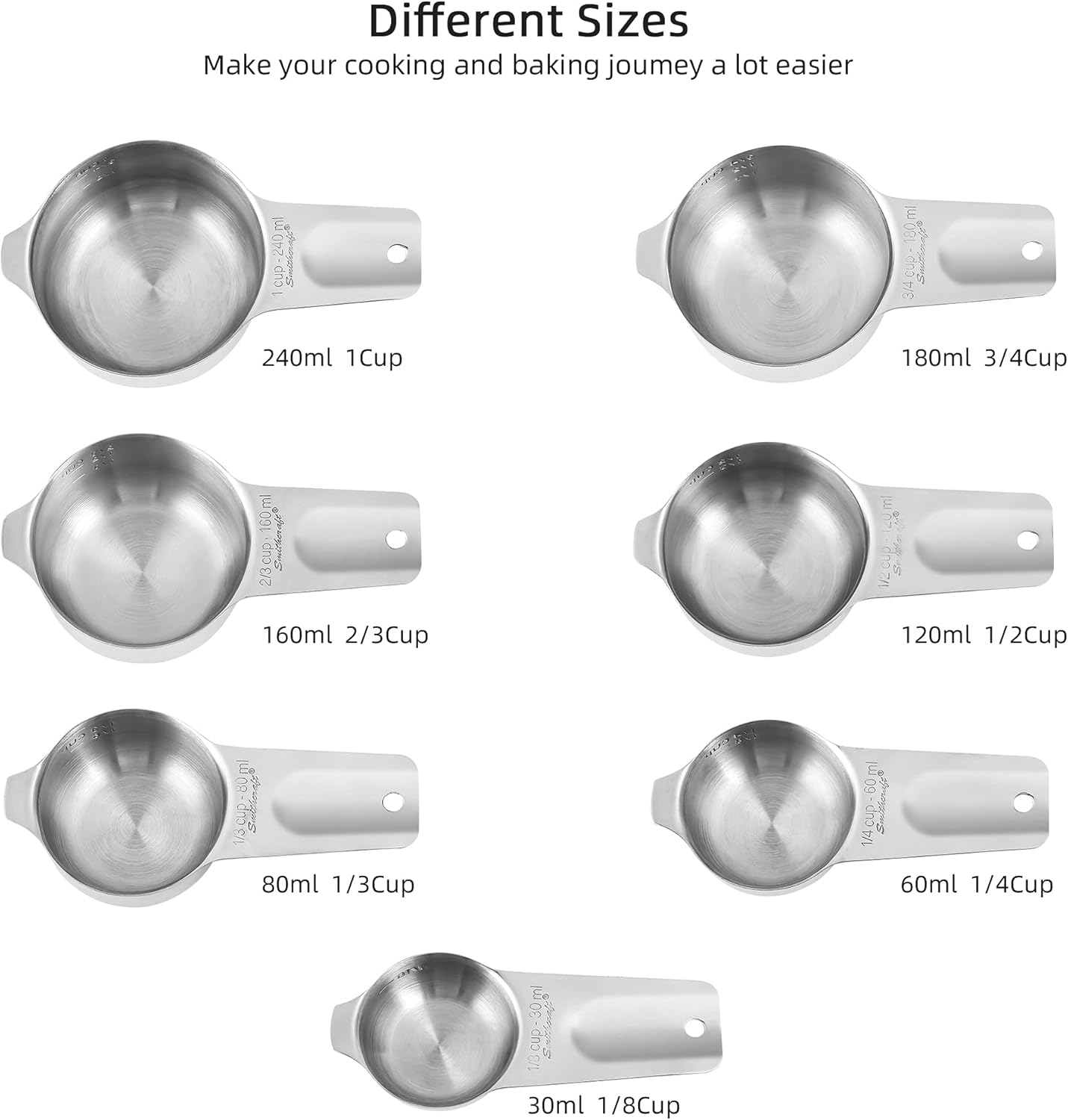 Smithcraft Measuring Cups Set, Stainless Steel Measuring Cup Set 7, 18/8 Stainless Steel Measuring Cups for Kitchen, Metal Meausing Cups for Baking, Dry Nesting Measuring Tools-3/4, 2/3 Measure Cup