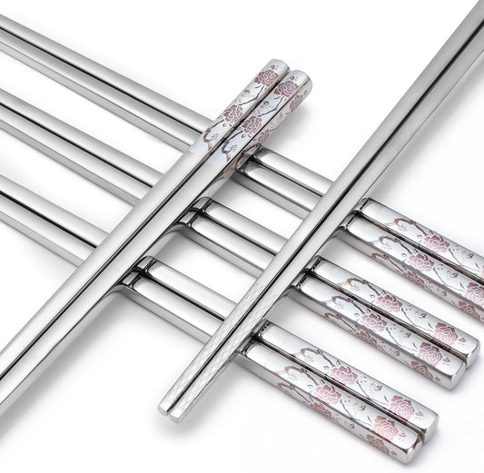 Stainless Steel Chopsticks, Titanium Plated Metal Chopsticks, 9.8" Premium Japanese Korean Color Laser Engraved Cooking Chop Sticks, Dishwasher Safe, Reusable, Anti-slip, Anti-scald, 2 Pairs Gift Set