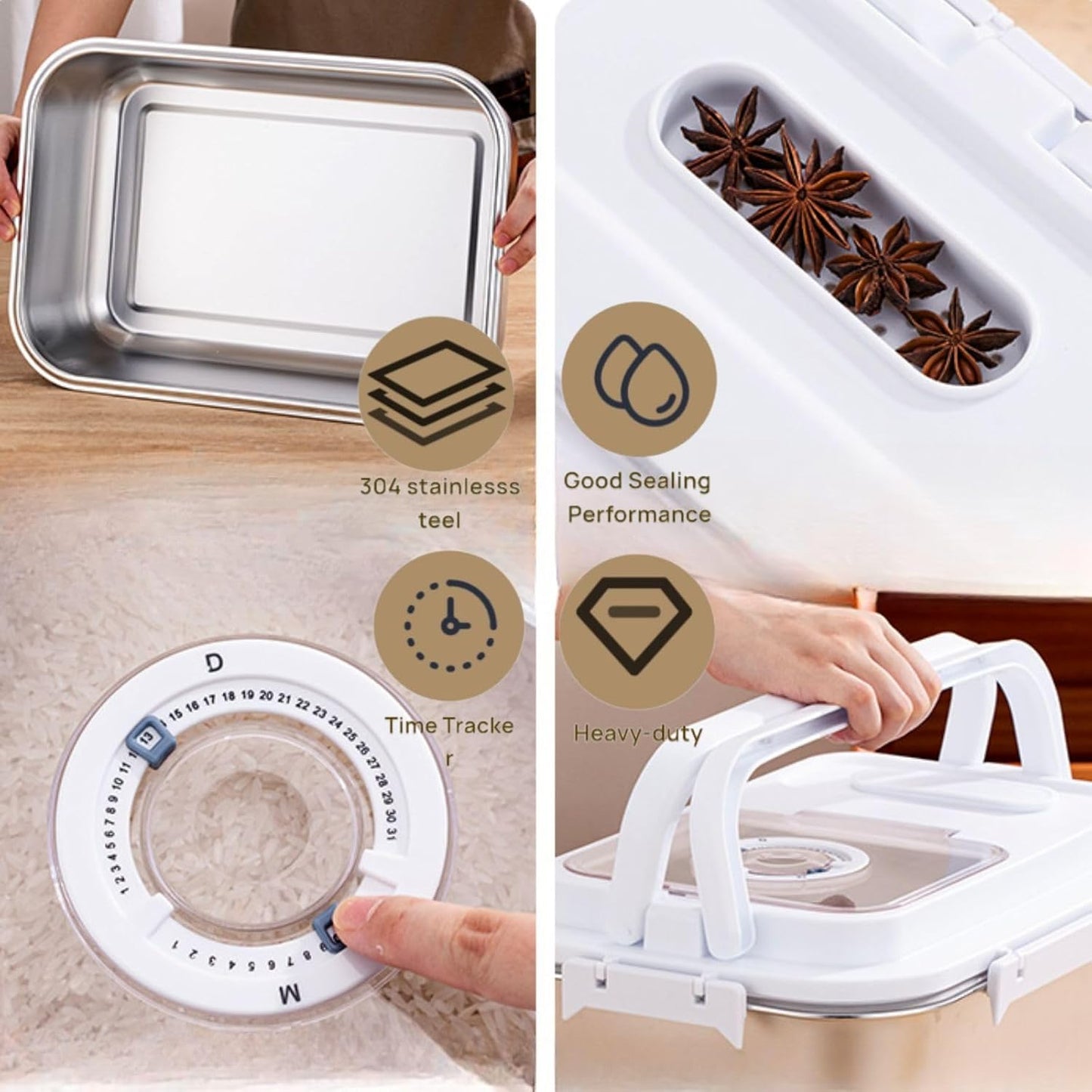 Saim Rice Storage Container Bin, 15lb Stainless Steel Food Storage Containers with Silicone Lid, Measuring Cup, Spoon, Rice Dispenser for Flour, Sugar,and Baking Supplies