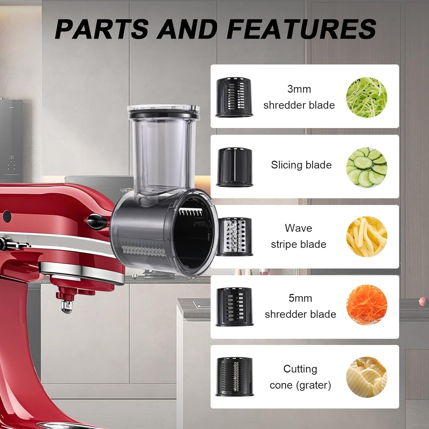 Slicer/Shredder Attachment Compatible with KitchenAid Stand Mixers 5 Blade Stainless Steel Food Processor with Detachable Blades for Cheese Grating, Vegetable, Salad Making Food Shredding