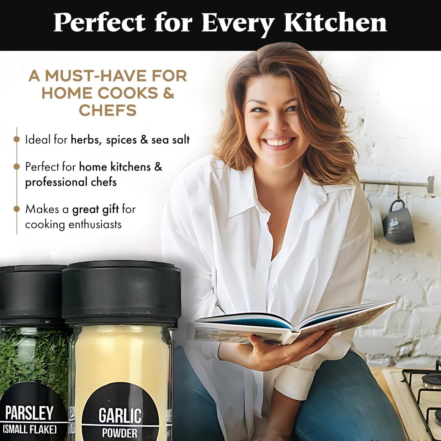 Glass Spice Jars & Measuring Cap Set - Twist to Dispense 1/4 Tsp Per Turn for Precise Cooking - Spice Jars with Lids Keep Kitchen Organized & Tidy - Enjoy Round Spice Jar Without Mess -1 Pack