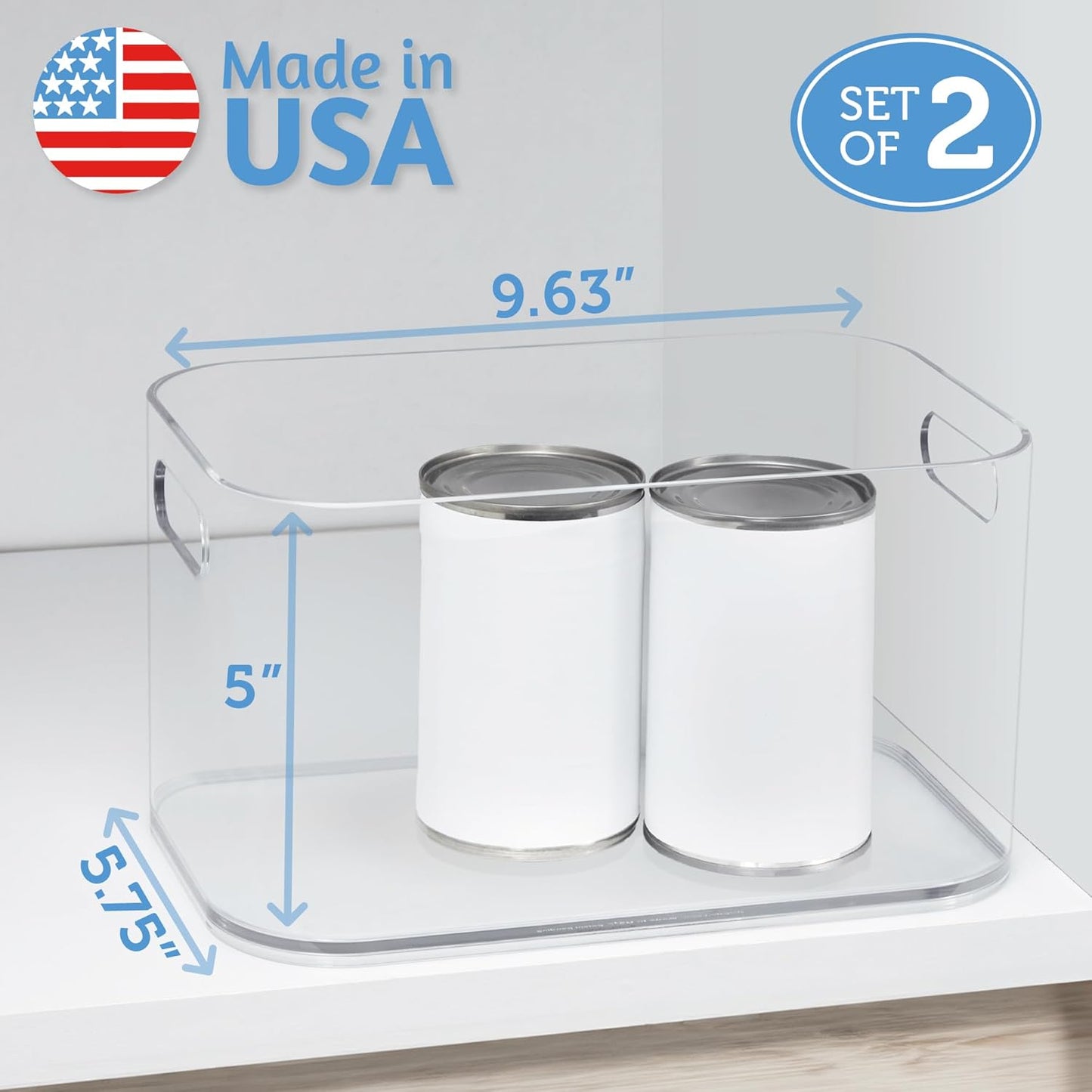 STORi Bliss 10" x 6" Open Clear Pantry Organizer Bin, Set of 2, Plastic Containers with Handle for Kitchen, Fridge, Cabinet, Closet, Bathrom, Undersink Storage Made in USA
