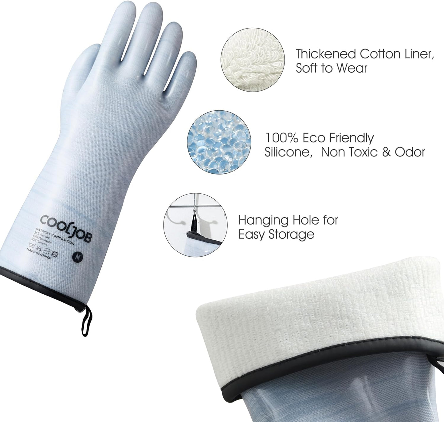 COOLJOB Heat Resistant Oven Gloves, Waterproof Liquid Silicone BBQ Grilling Gloves for Barbecue, Kitchen Cleaning, Baking, Blue, Medium