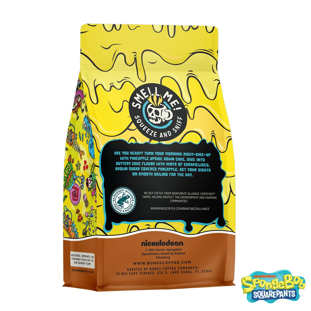 Bones Coffee Company Spongebob Bikini Bottom Brew, Pineapple Upside Down Cake Flavored Coffee, Medium Roast Low Acid Arabica Beans For Auto drip and French Press Coffee Maker, 12 Oz Ground