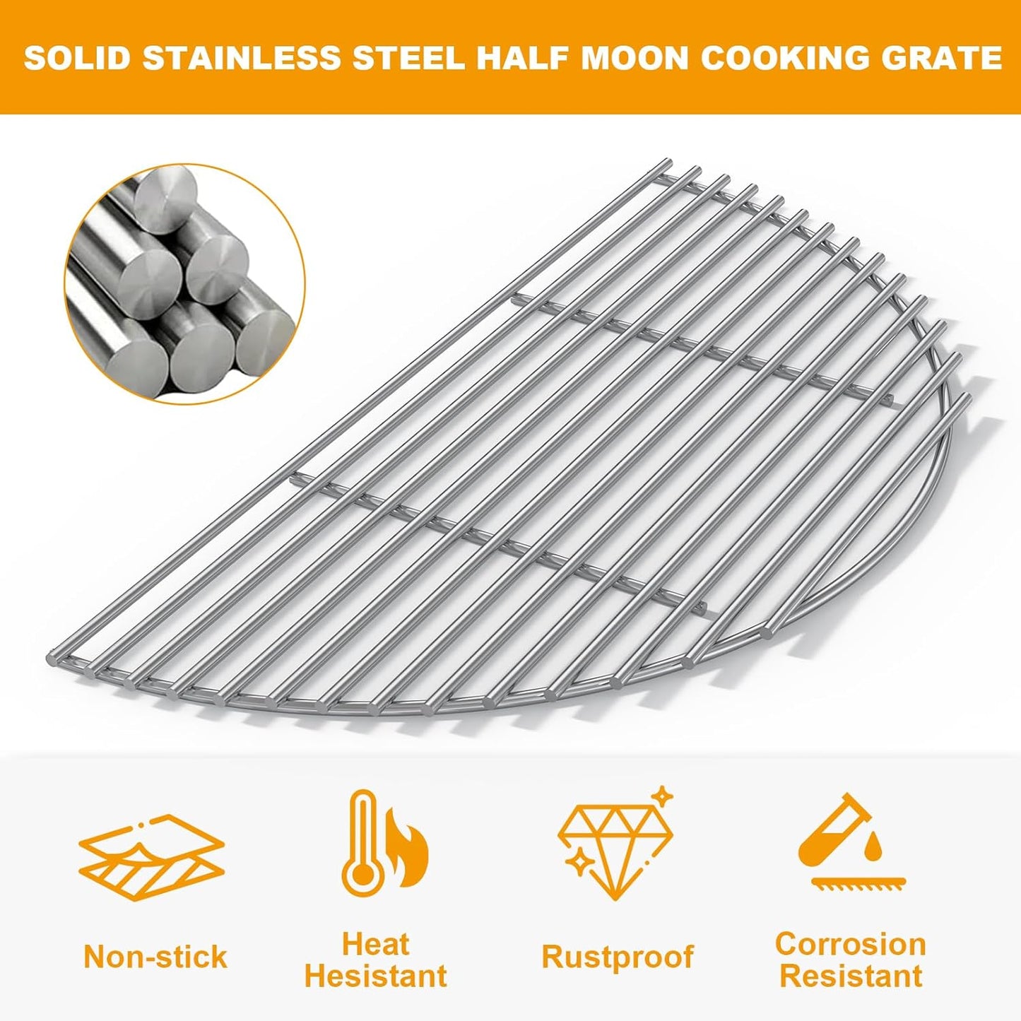 18 inch Stainless Steel Half-Moon Cooking Grate for Kamado Joe Classic Joe Series, Large Big Green Egg, and Other Round 18-inch Charcoal Grills