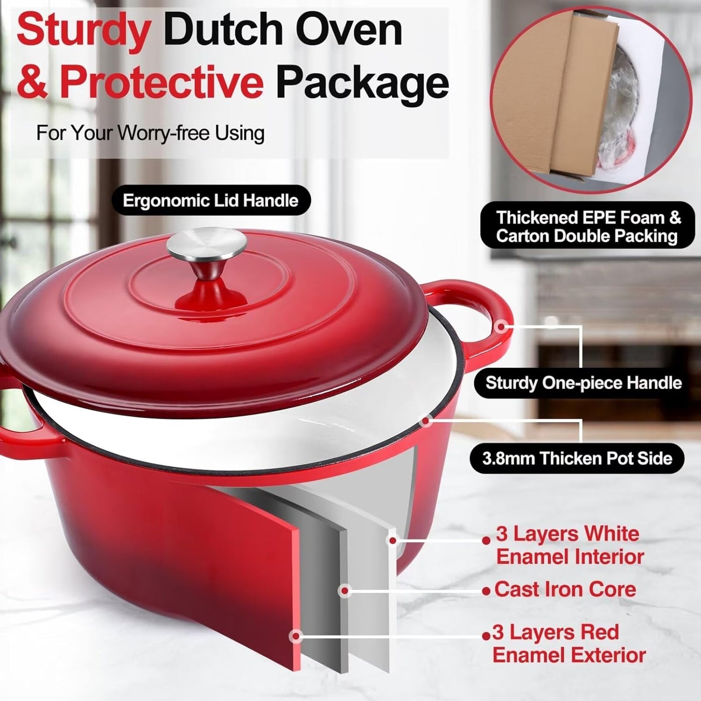 P&P CHEF 6QT Enameled Dutch Oven, Cast Iron Dutch Oven Pot with Lid for Bread Baking, Enameled Casserole Pot for Roasting Braising Stewing Frying Simmering, Various Stoves & Easy Clean, Red