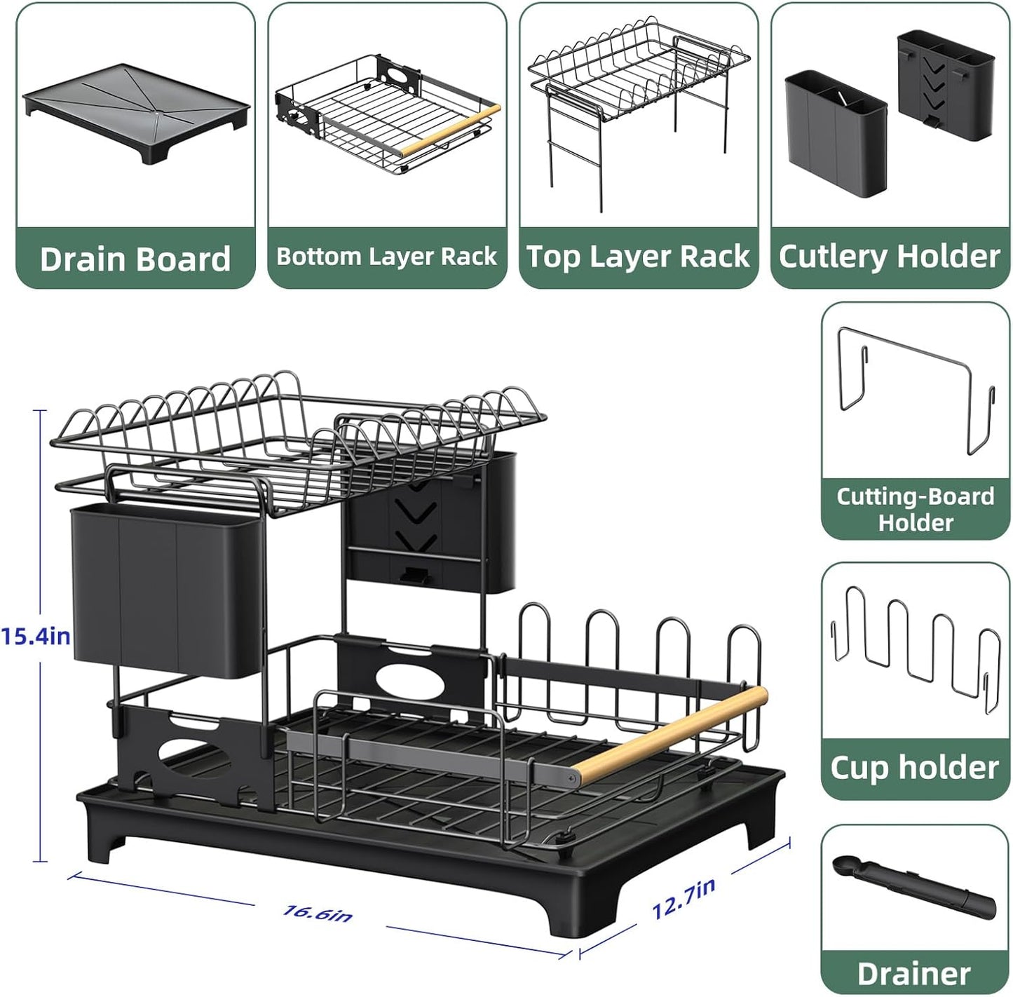 2 Tier Dish Drying Rack, Drying Rack with Automatic Drainboard, Dish Racks for Kitchen Counter, Rustproof Dish Drainer with Removable Utensil Holder, Cups Holder,Black