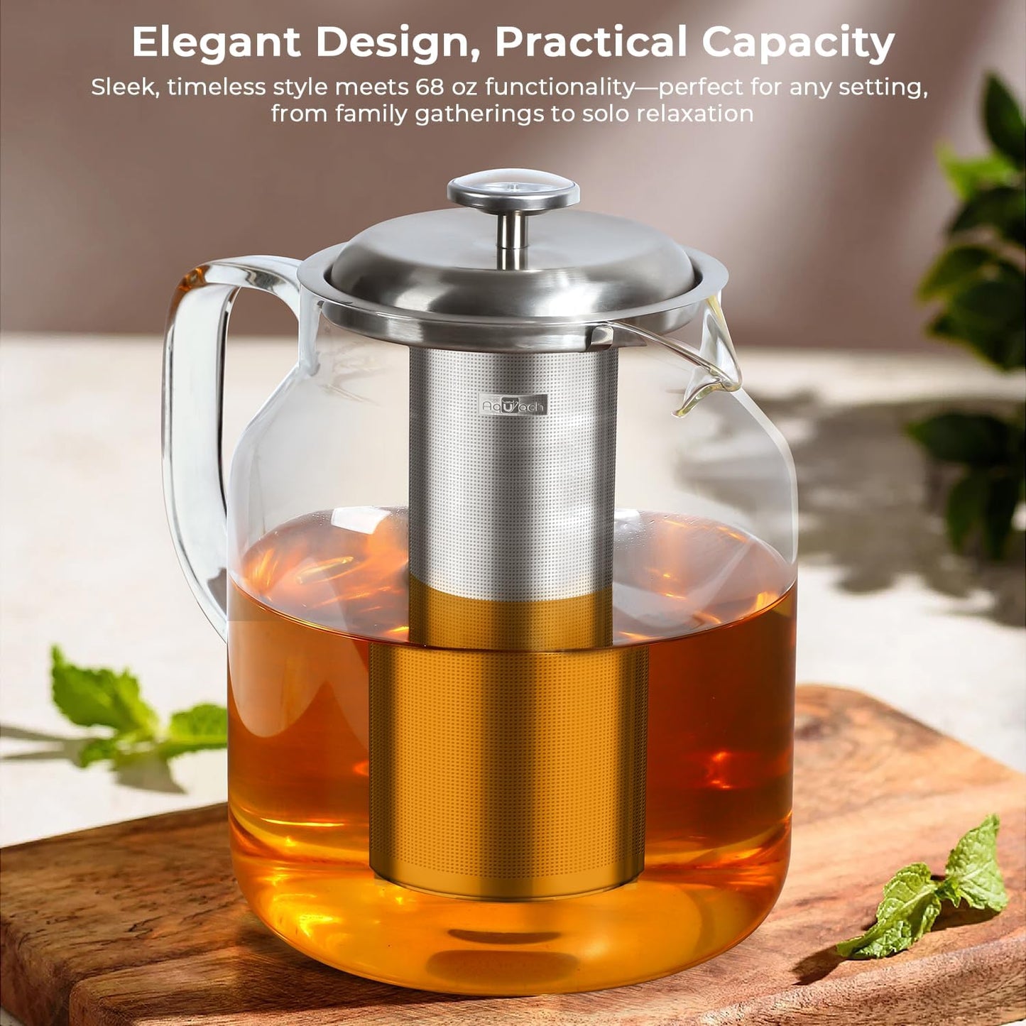 Aquach 68oz Glass Teapot with Built-in Thermometer, Stovetop & Dishwasher Safe, Borosilicate Carafe and Stainless Steel Removable Infuser