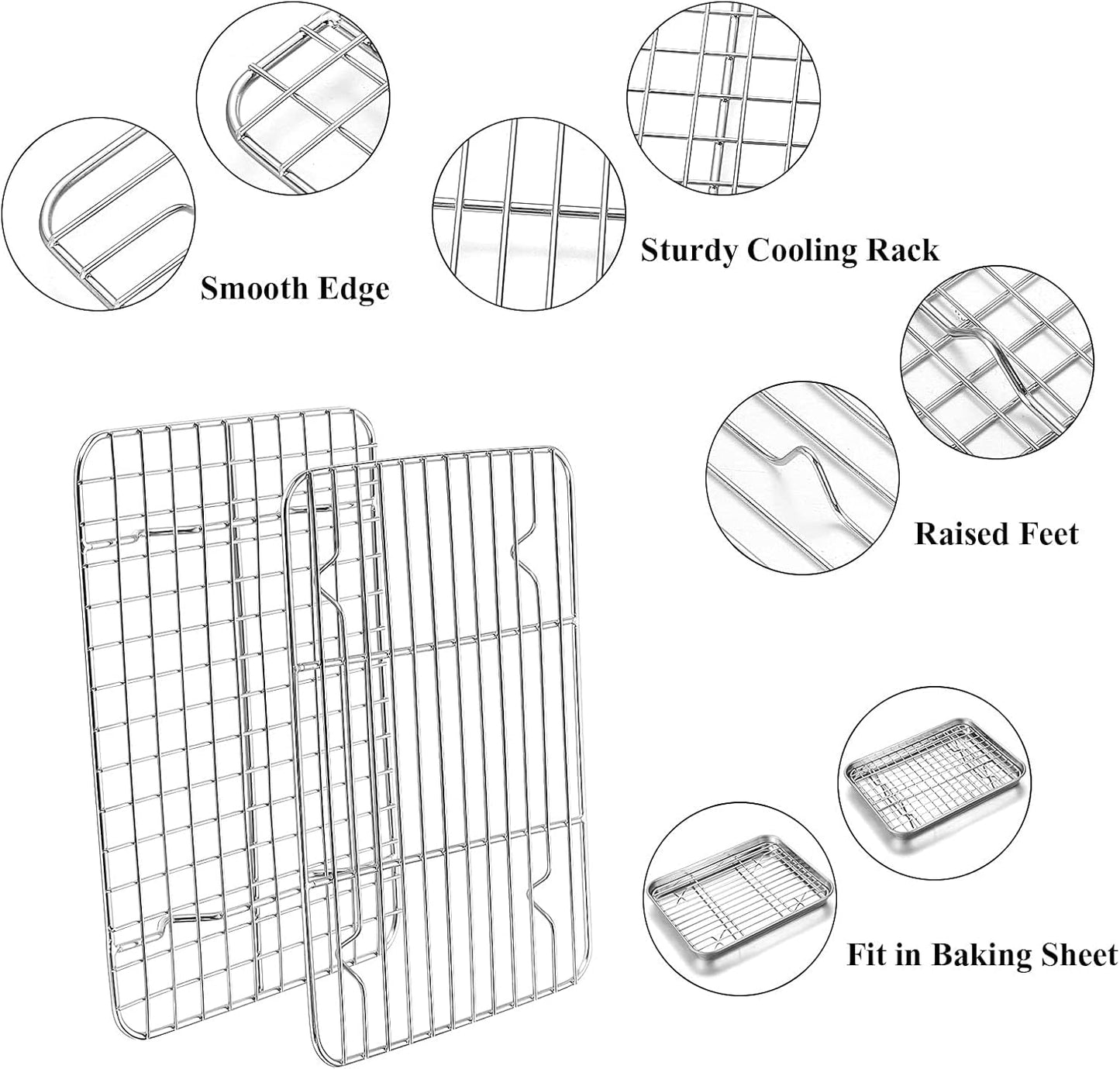 Baking Sheet with Rack Set, Yododo Set of 4 (2 Sheets + 2 Racks), Stainless Steel Cookie Sheet Baking Pan Tray with Cooling Rack, Non Toxic & Heavy Duty & Easy Clean - Size of 9 inch