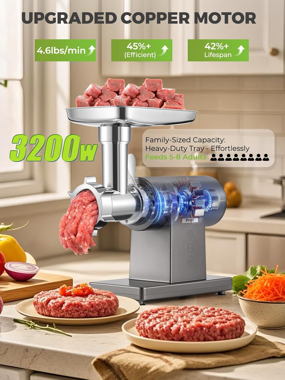 Electric Meat Grinder 3200W Multifunctional Meat Grinders Chopper Machine with Cutting Blade 3 Grinding Plates 3 Sausage Stuffers Kubbe Kit Juicer Cheese Grater Veggie Shredder Slicer