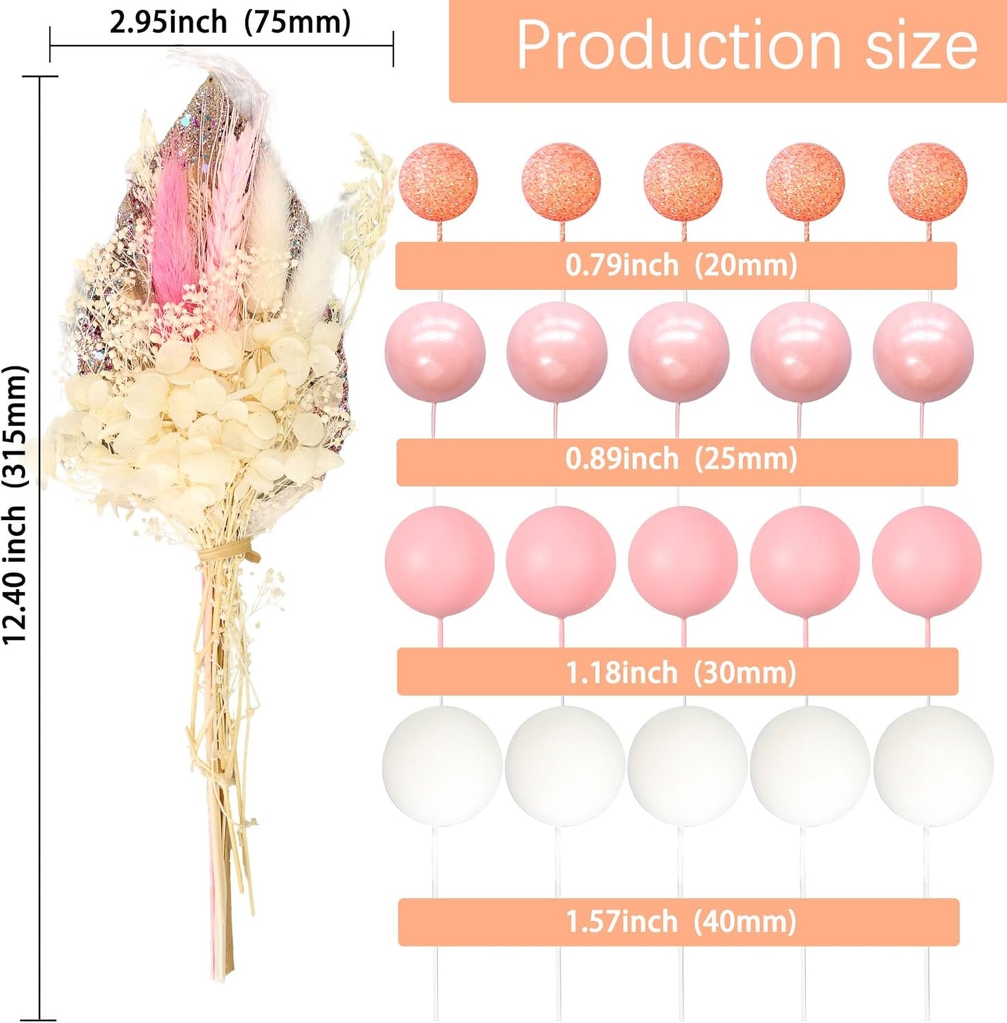 Gyufise 21 Pack Flower Boho Cake Topper Ball Cake Decorations Palm Leaves Plants Cake Decor for Girl Bohemian Princess Theme Wedding Baby Shower Birthday Party Supplies Pink White